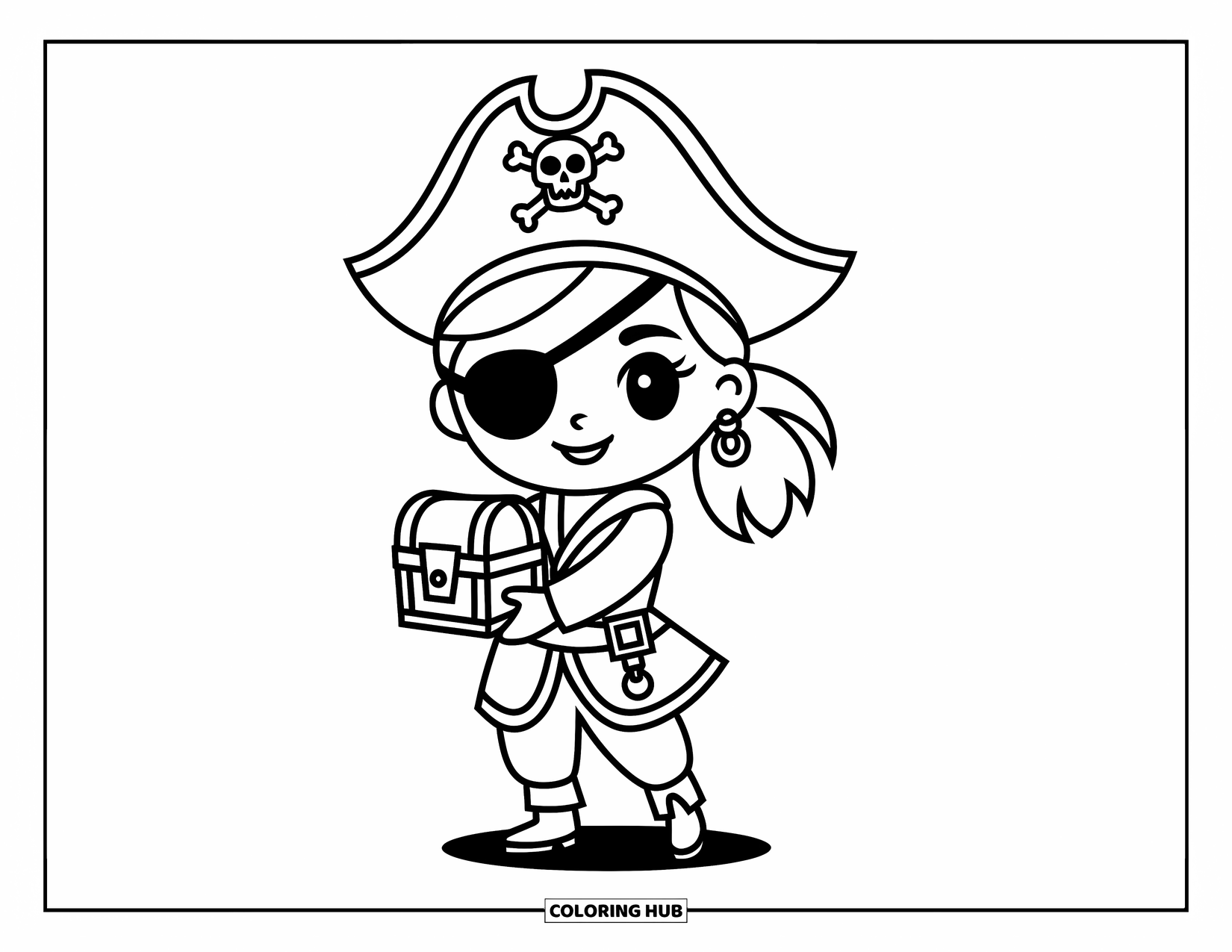Chibi Coloring Page for Kids: A confident pirate girl clutches her treasure with a smile