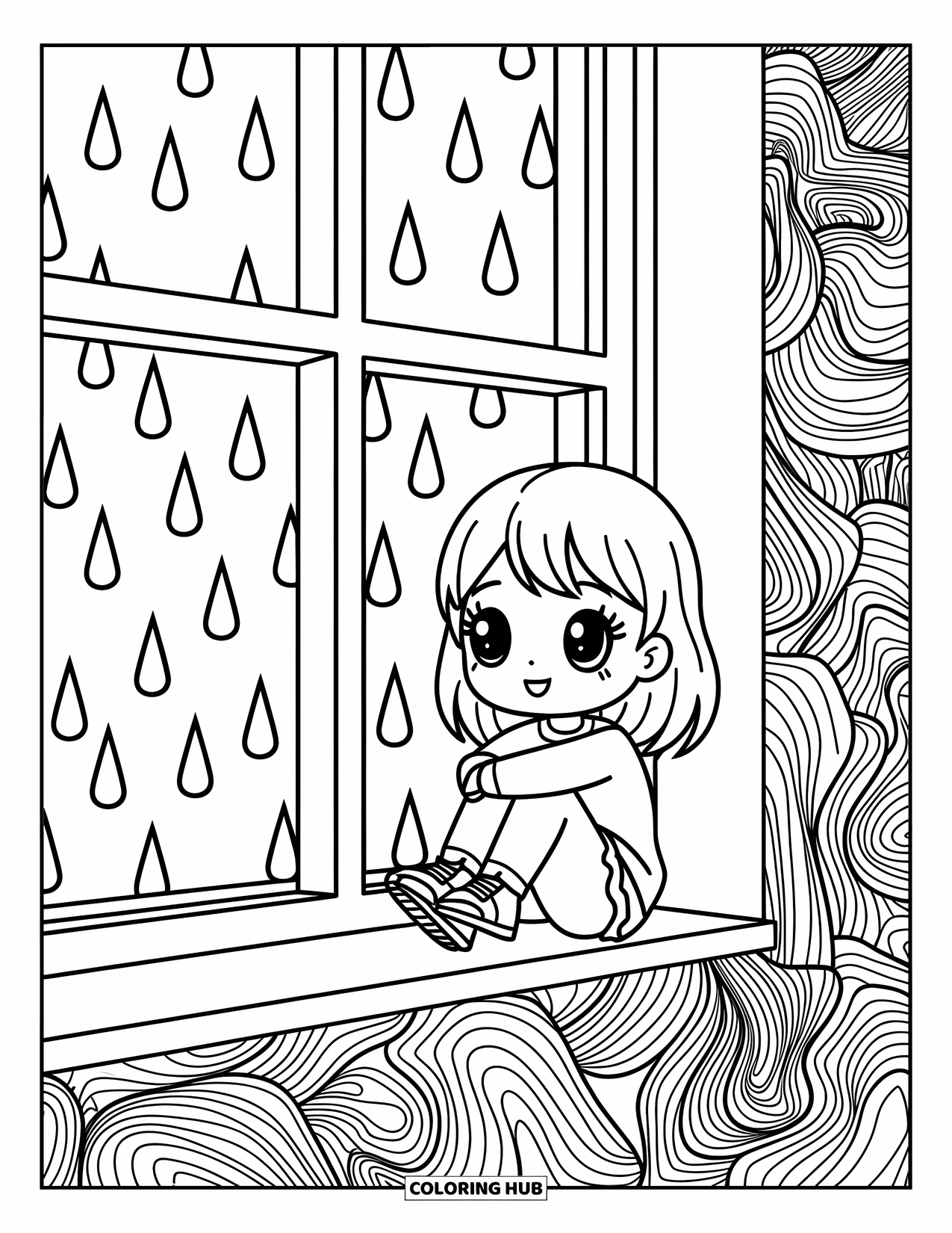 Chibi Coloring Page for Kids: A curious girl watches the rain from her cozy windowsill perch