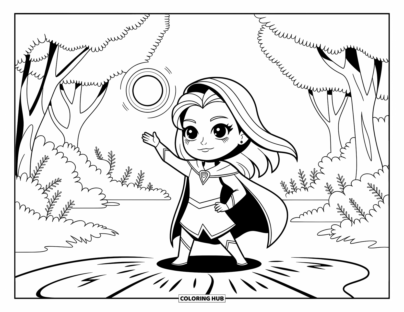 Chibi Coloring Page for Kids: A determined mage girl lights up a magical forest with her glowing orb
