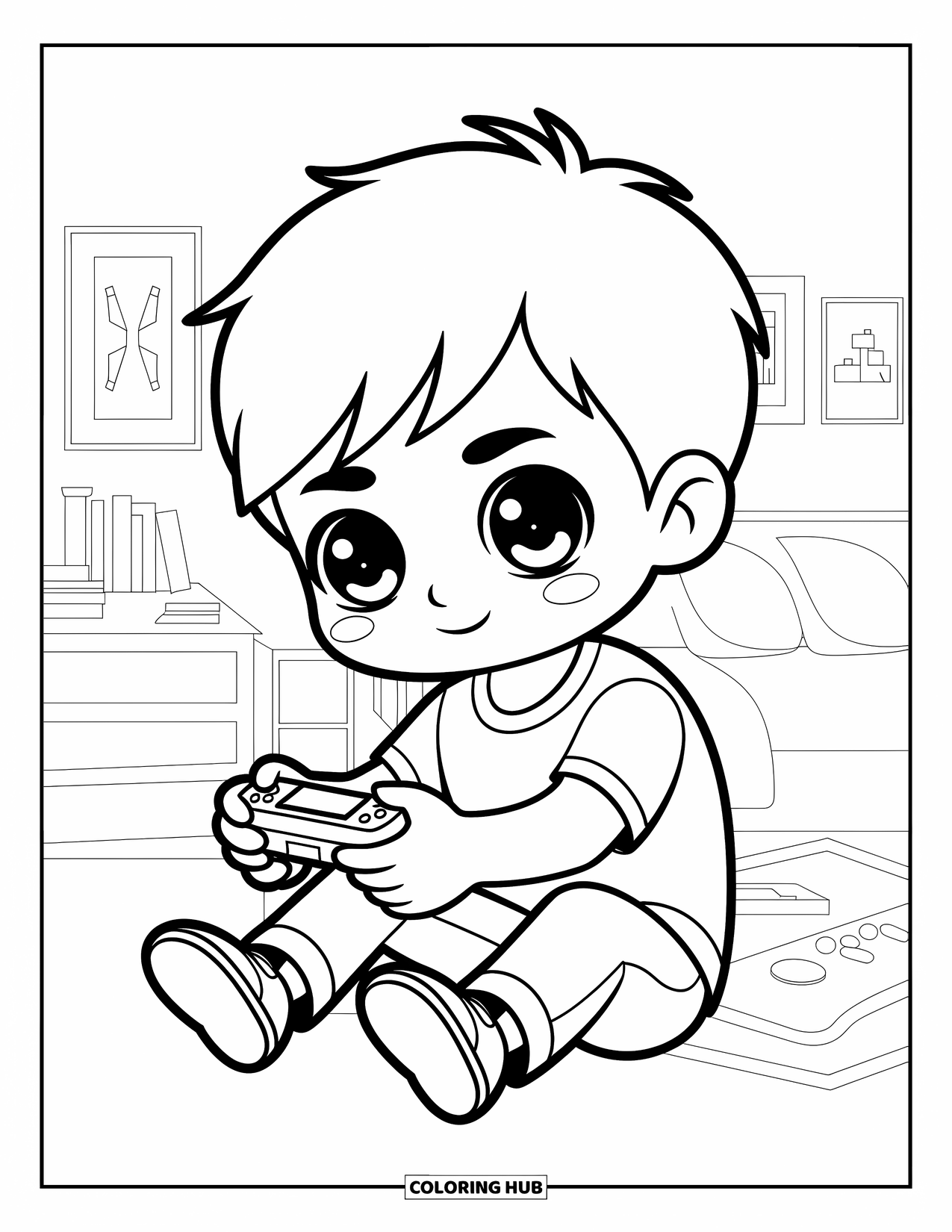 Chibi Coloring Page for Kids: A focused boy plays games on his bed surrounded by posters and books
