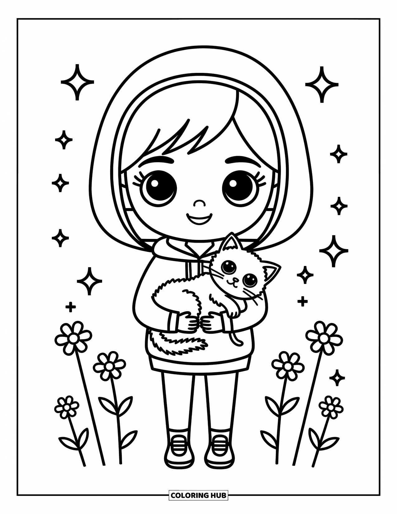 Chibi Coloring Page for Kids: A girl in a hoodie hugs a fluffy cat with a big smile