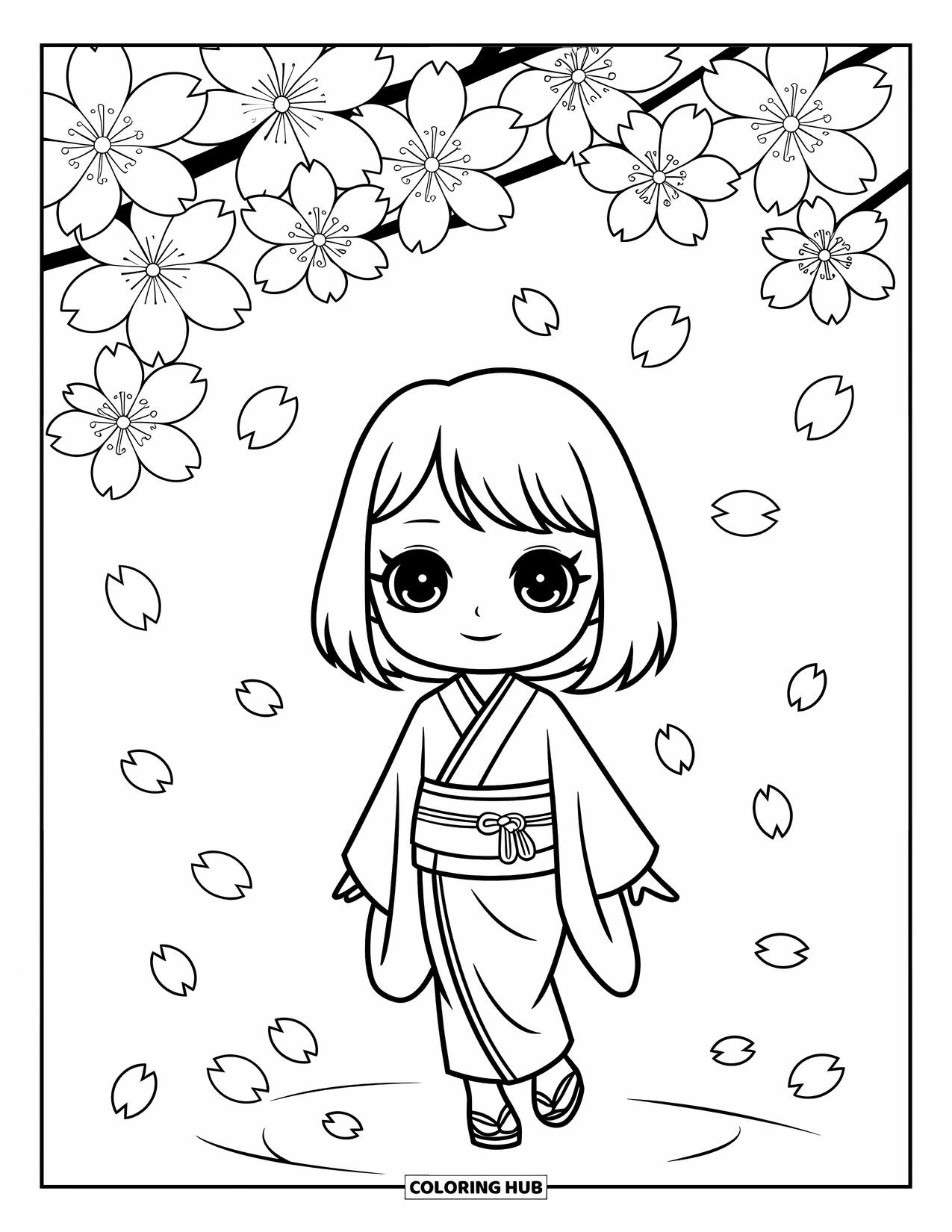 Chibi Coloring Page for Kids: A girl in traditional dress walks calmly under drifting cherry blossoms