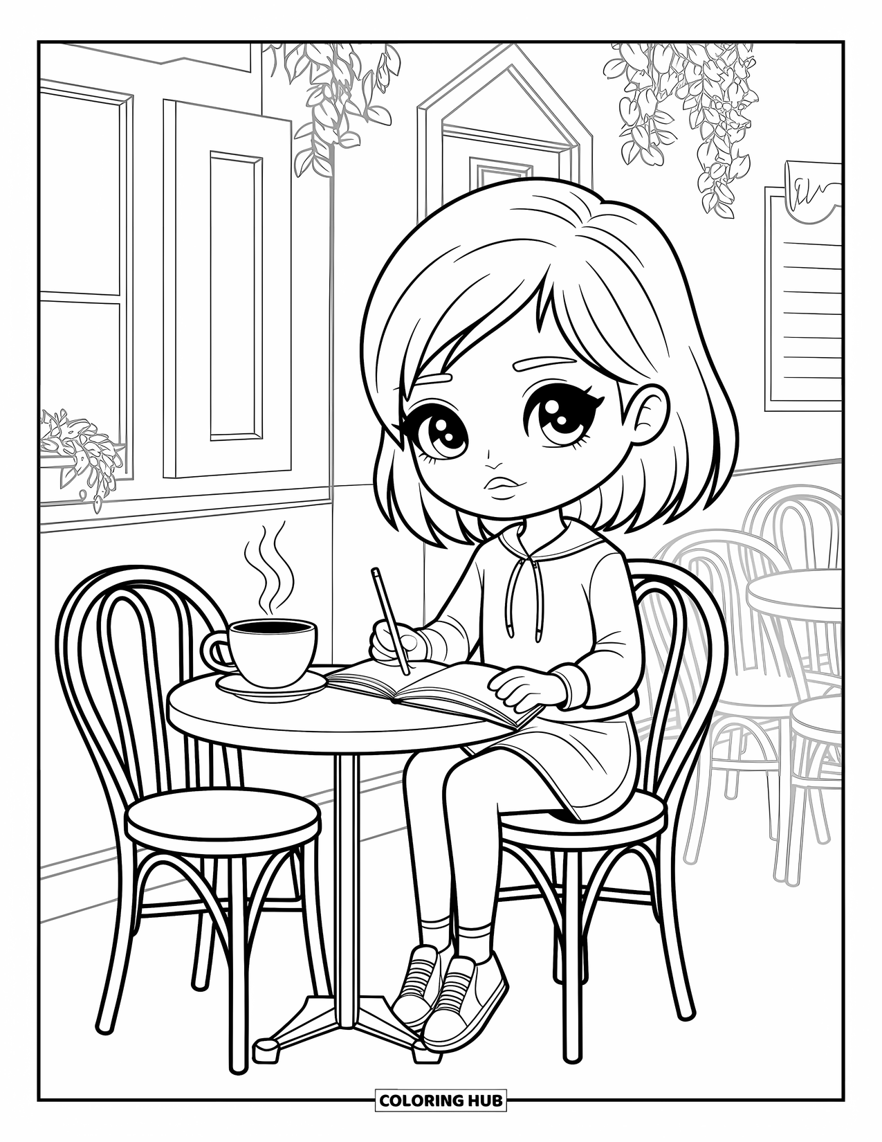 Chibi Coloring Page for Kids: A girl sips coffee and writes in her journal at a peaceful café