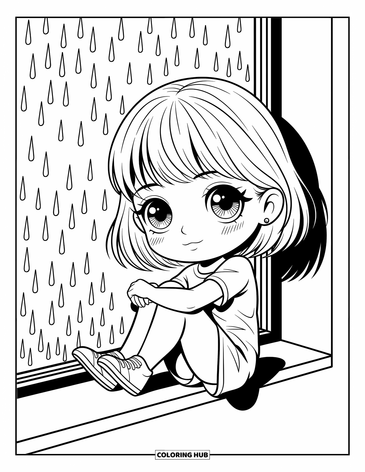 Chibi Coloring Page for Kids: A girl sits at a windowsill, watching raindrops fall with wonder