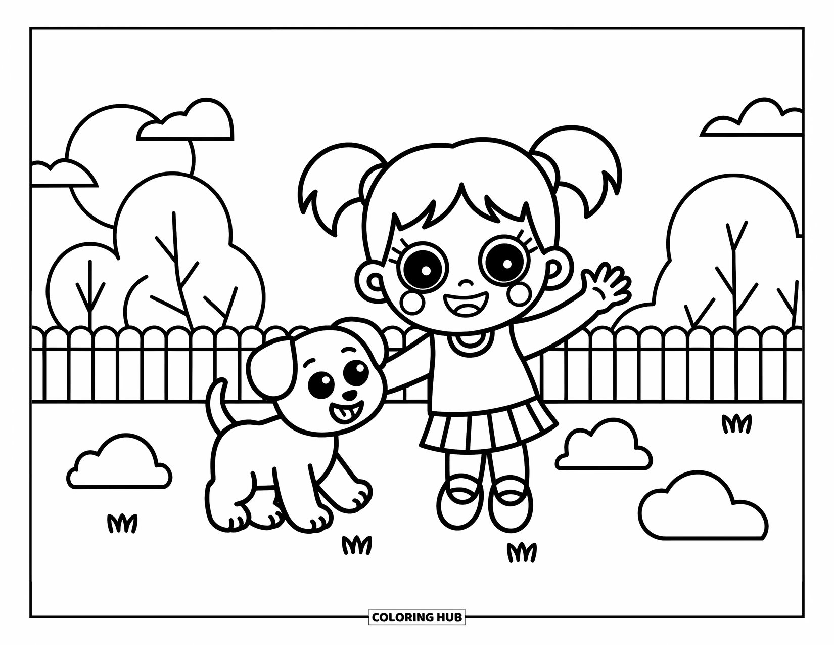Chibi Coloring Page for Kids: A girl with pigtails laughs while playing with a puppy in the yard