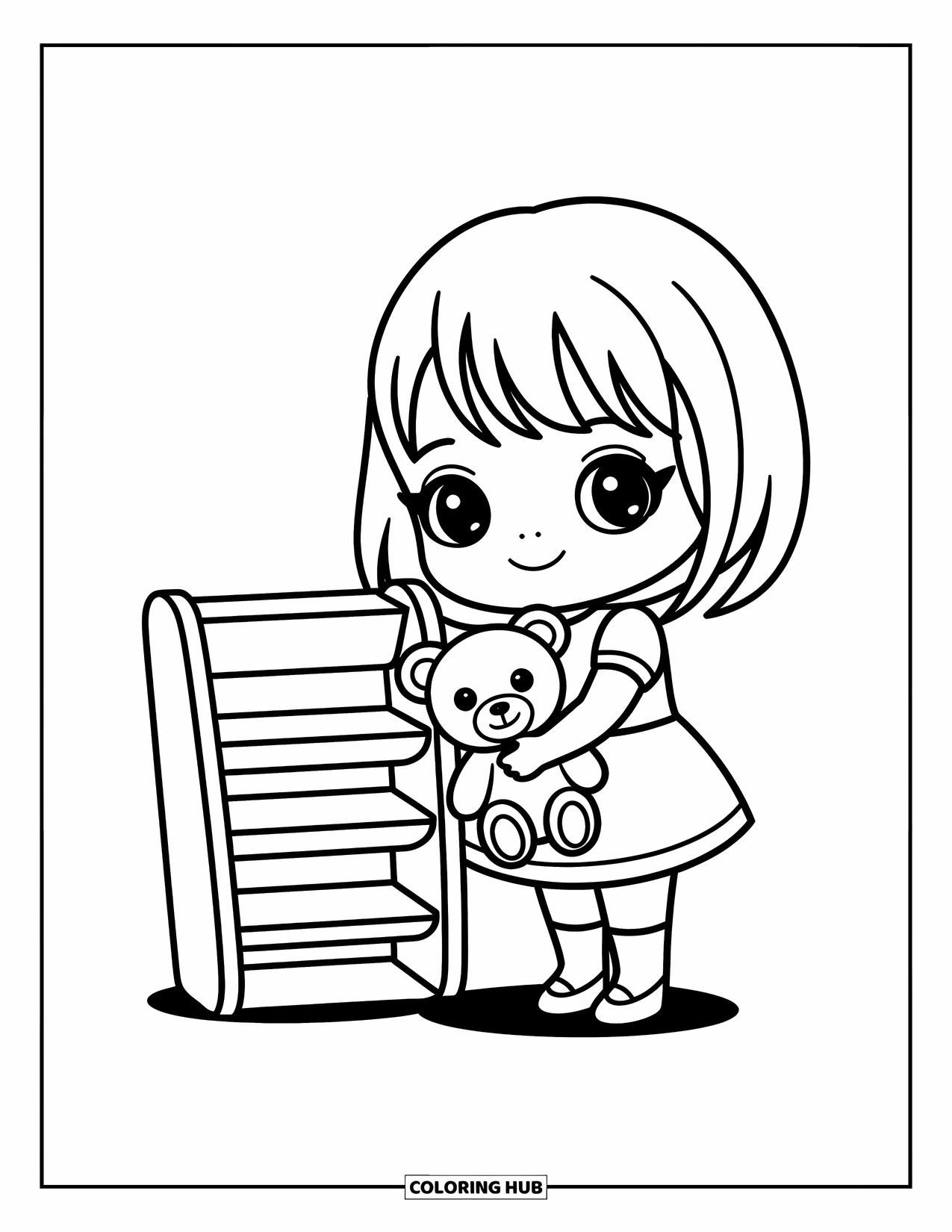 Chibi Coloring Page for Kids: A happy girl holds a teddy bear near her favorite toys