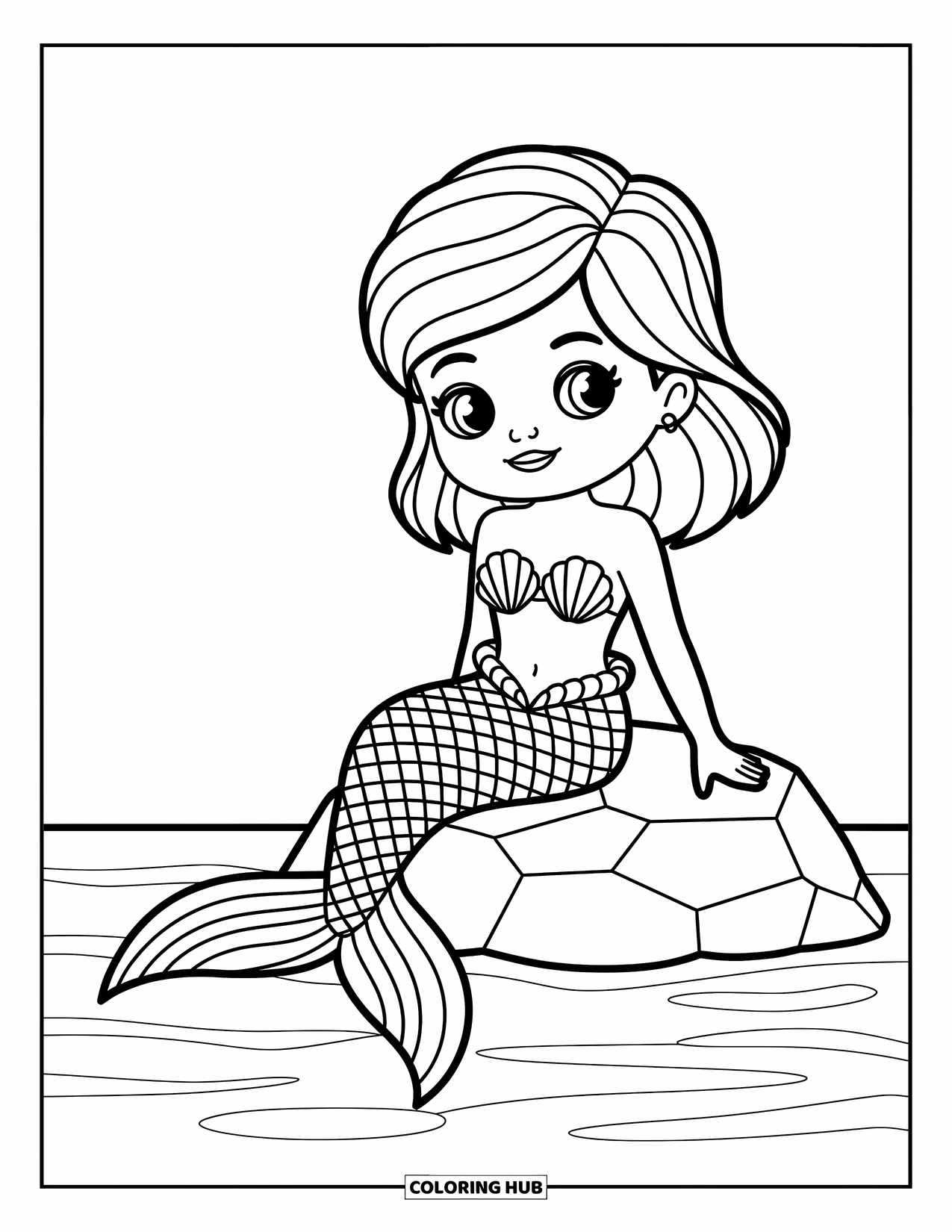 Chibi Coloring Page for Kids: A happy mermaid girl lounges by the sea with a swishy tail