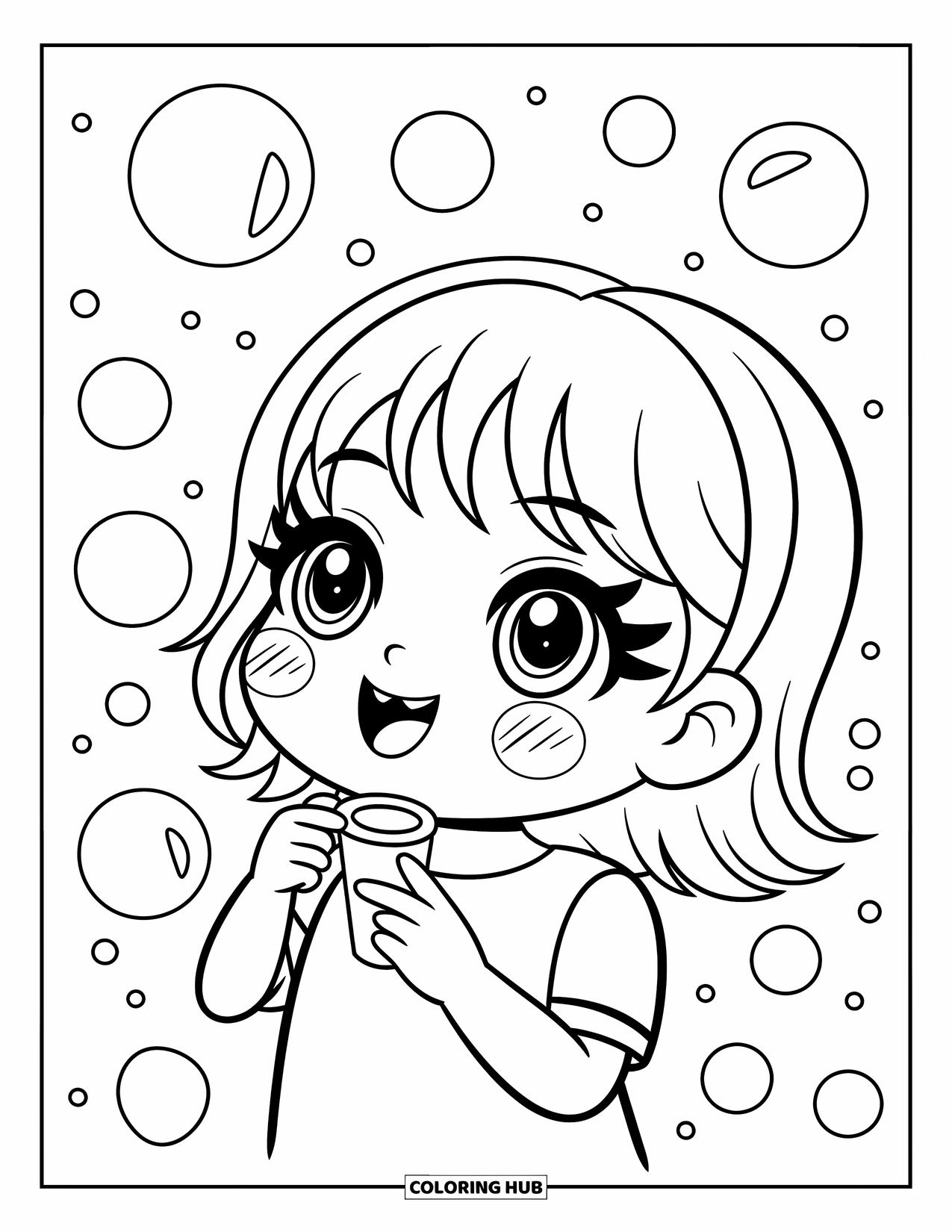 Chibi Coloring Page for Kids: A joyful girl happily blows bubbles that float around her