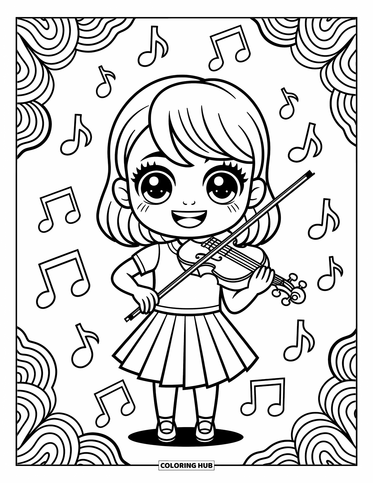 Chibi Coloring Page for Kids: A joyful girl plays the violin as musical notes swirl around her