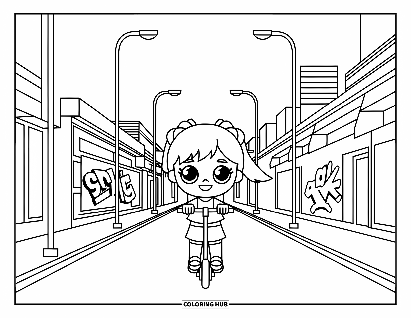 Chibi Coloring Page for Kids: A joyful girl rides her scooter past fun buildings and playful street signs