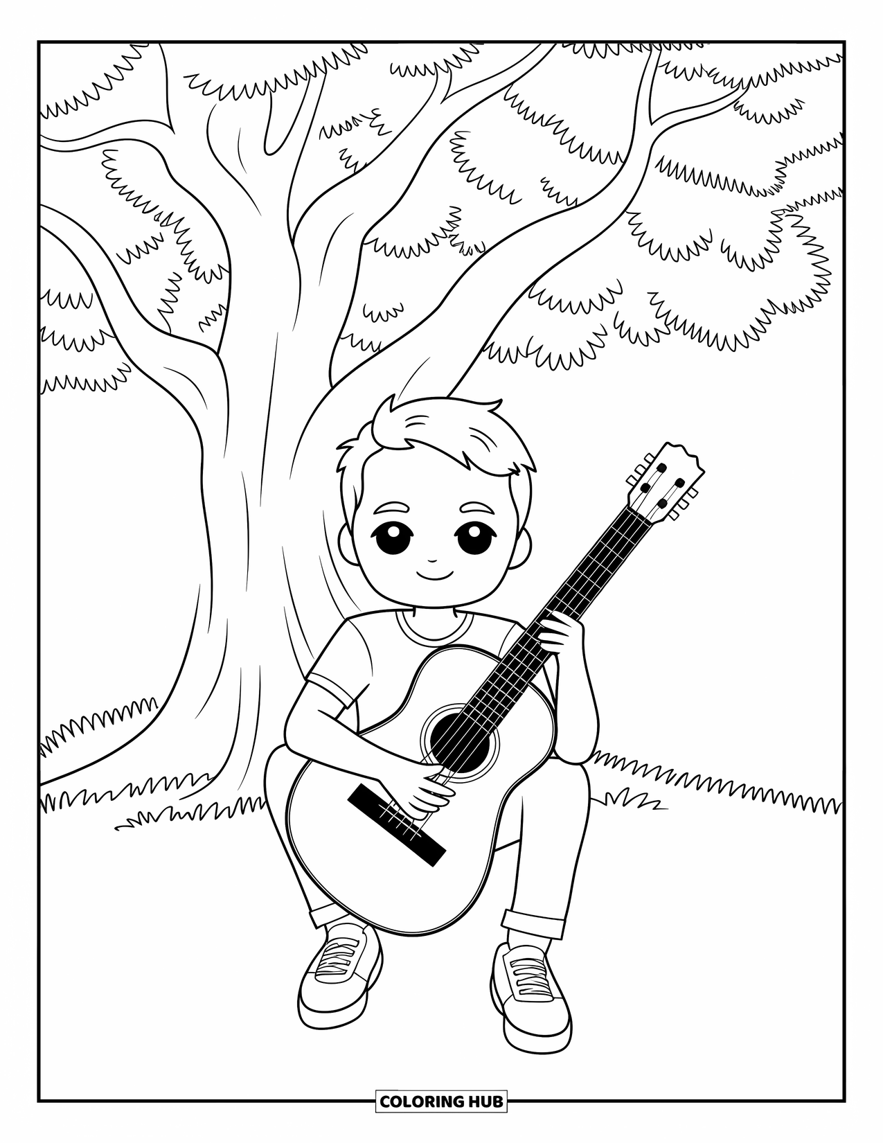 Chibi Coloring Page for Kids: A joyful man sits under a sprawling tree playing his favorite tune