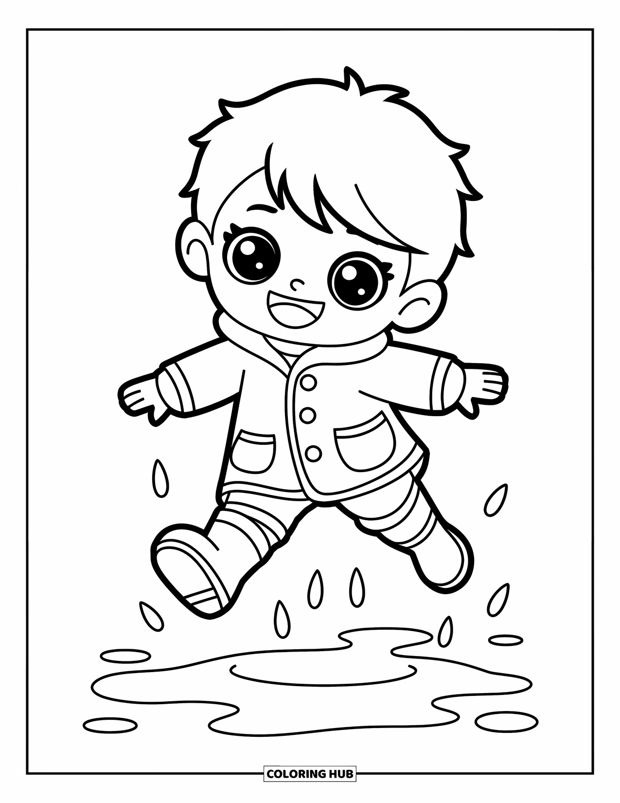 Chibi Coloring Page for Kids: A laughing boy leaps into a puddle in his rain gear