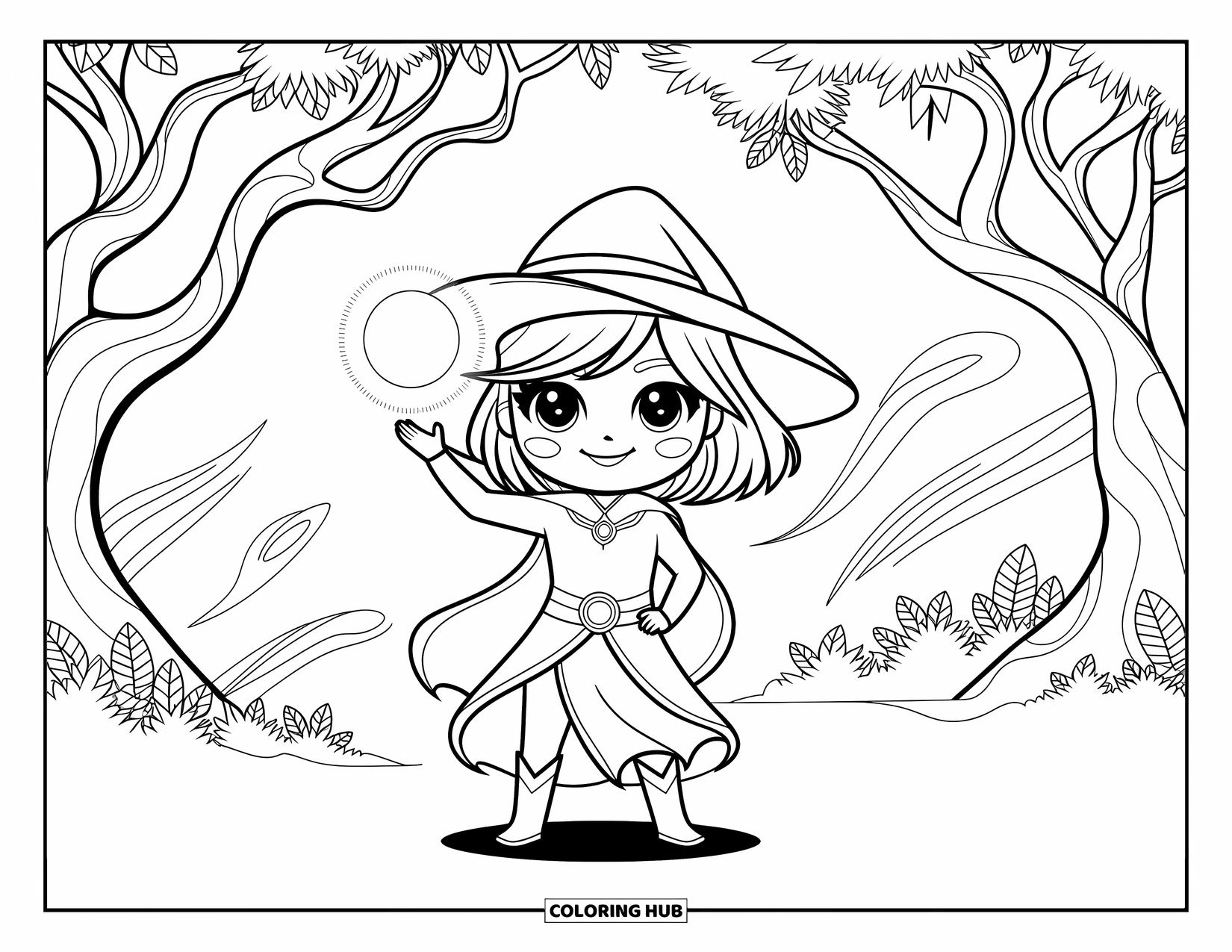 Chibi Coloring Page for Kids: A mage girl stands with a glowing orb in a whimsical forest
