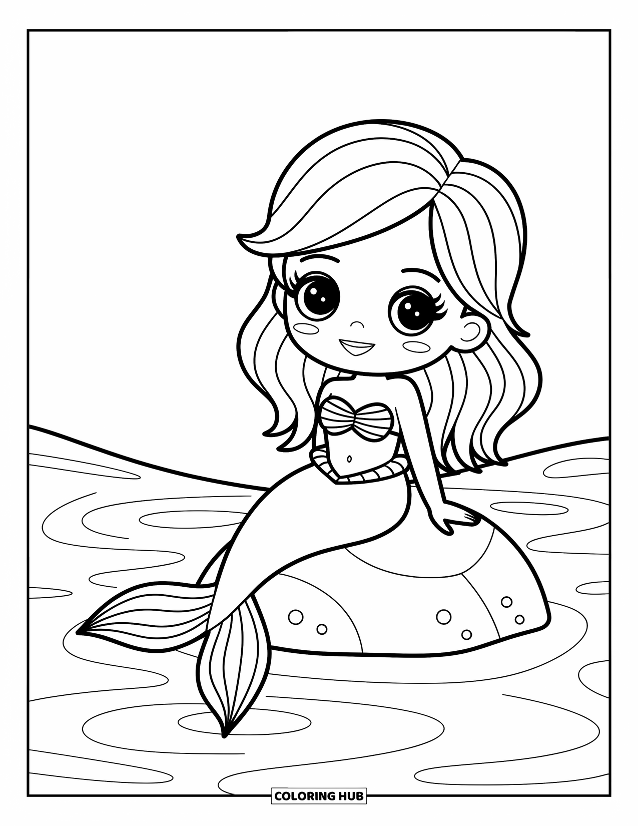 Chibi Coloring Page for Kids: A mermaid girl sits on a rock beside gentle waves