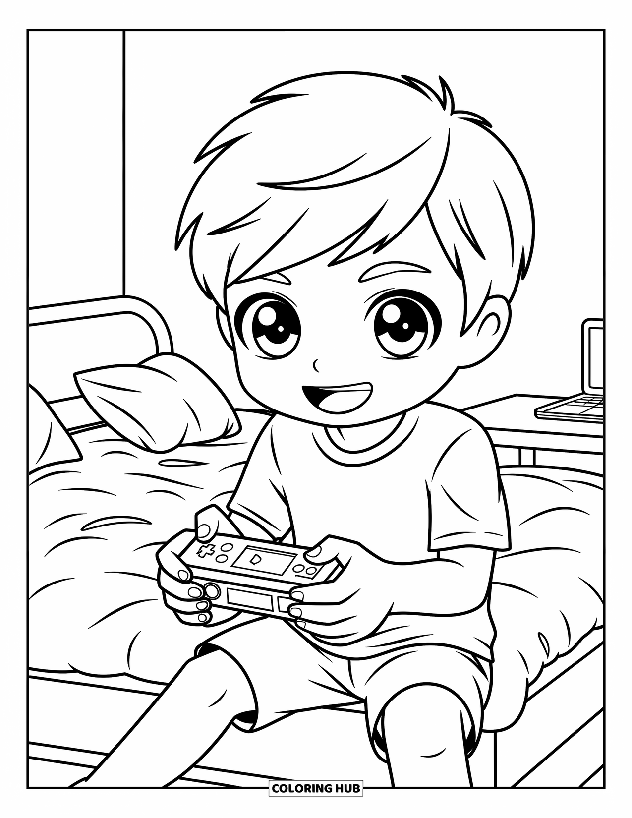 Chibi Coloring Page for Kids: A playful boy enjoys a game in his cozy, decorated bedroom