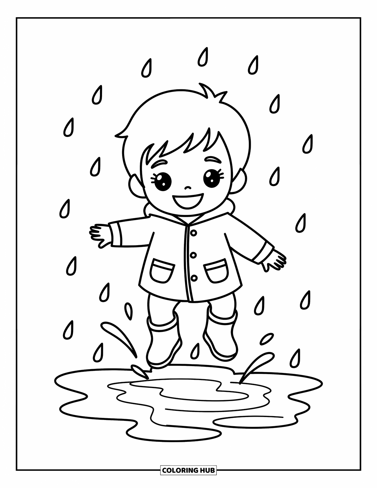 Chibi Coloring Page for Kids: A playful boy splashes into a puddle with a big grin