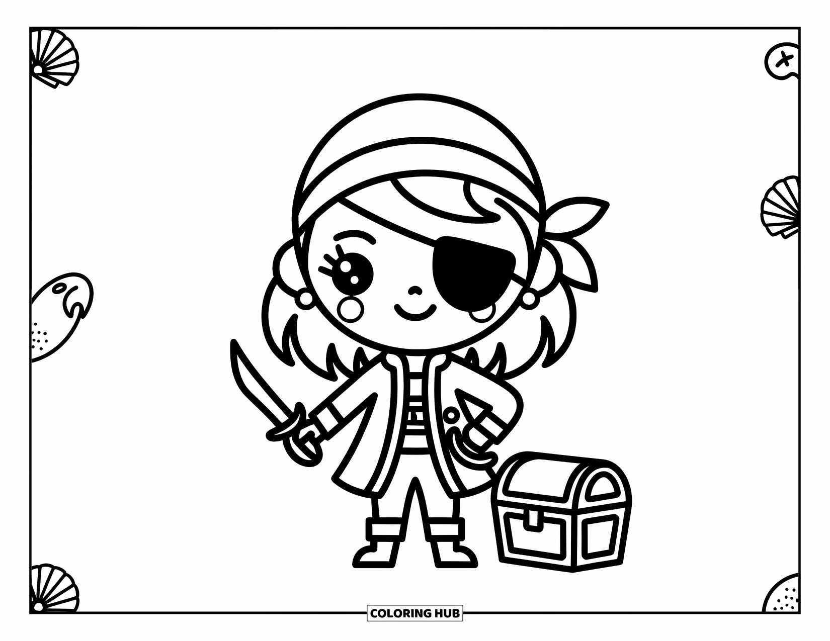 Chibi Coloring Page for Kids: A playful pirate girl holds a chest, ready for an adventure