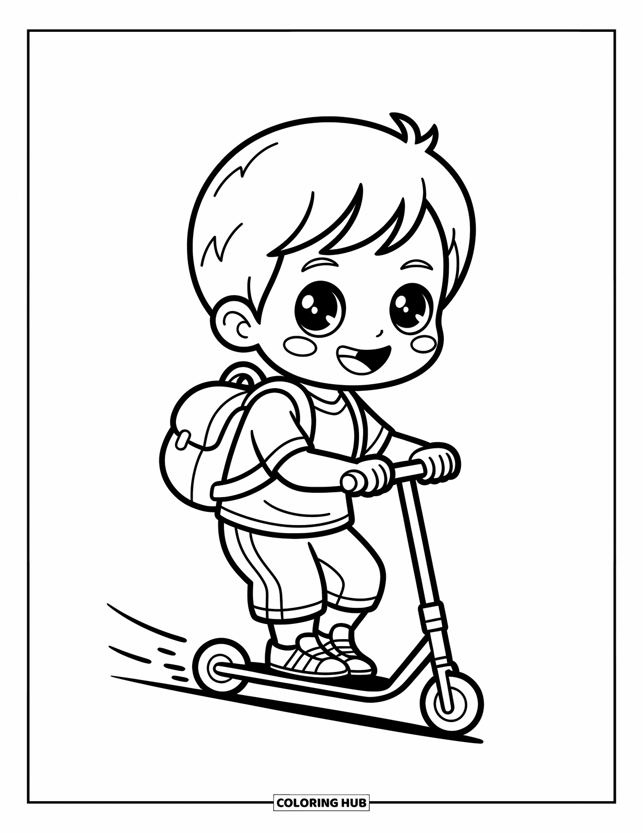 Chibi Coloring Page for Kids: A smiling boy rides his scooter with wind in his hair