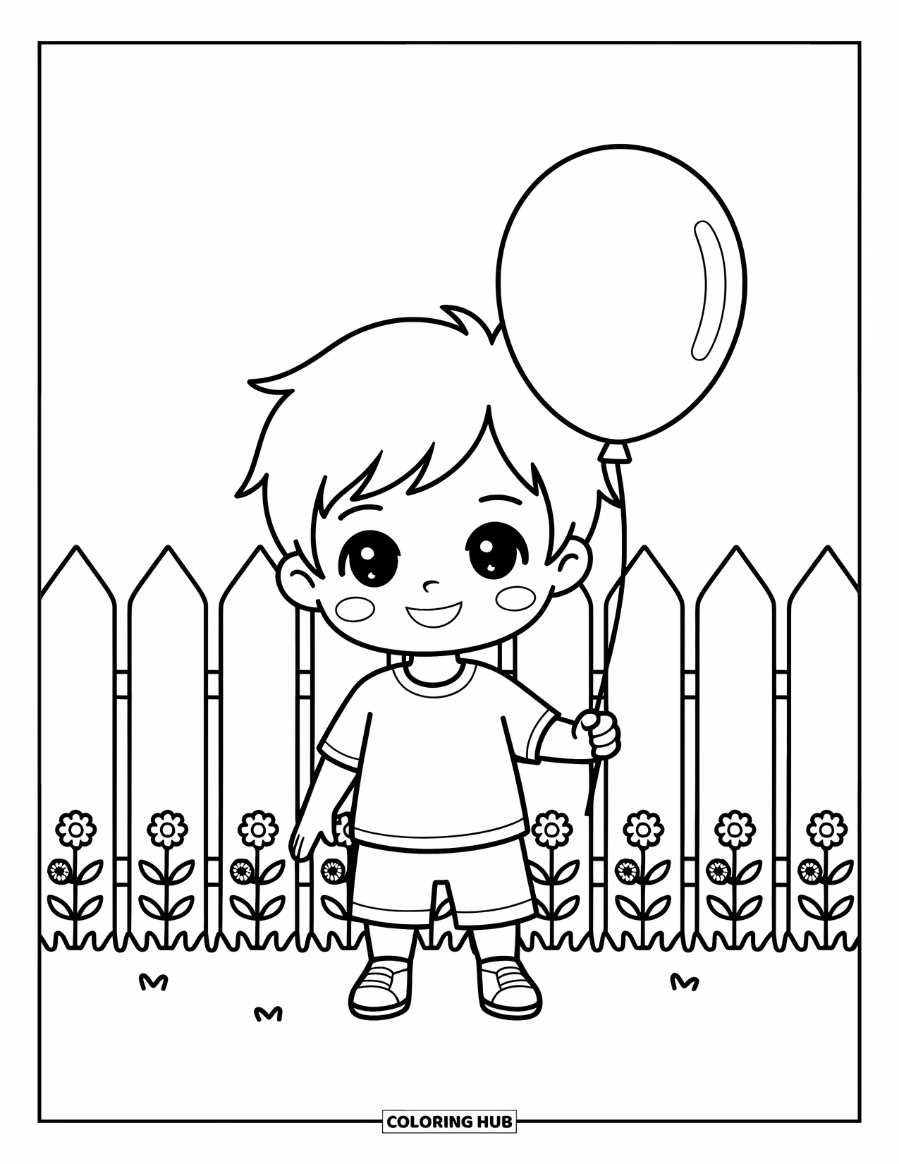 Chibi Coloring Page for Kids: A smiling boy with a balloon stands near a fence covered in little flowers