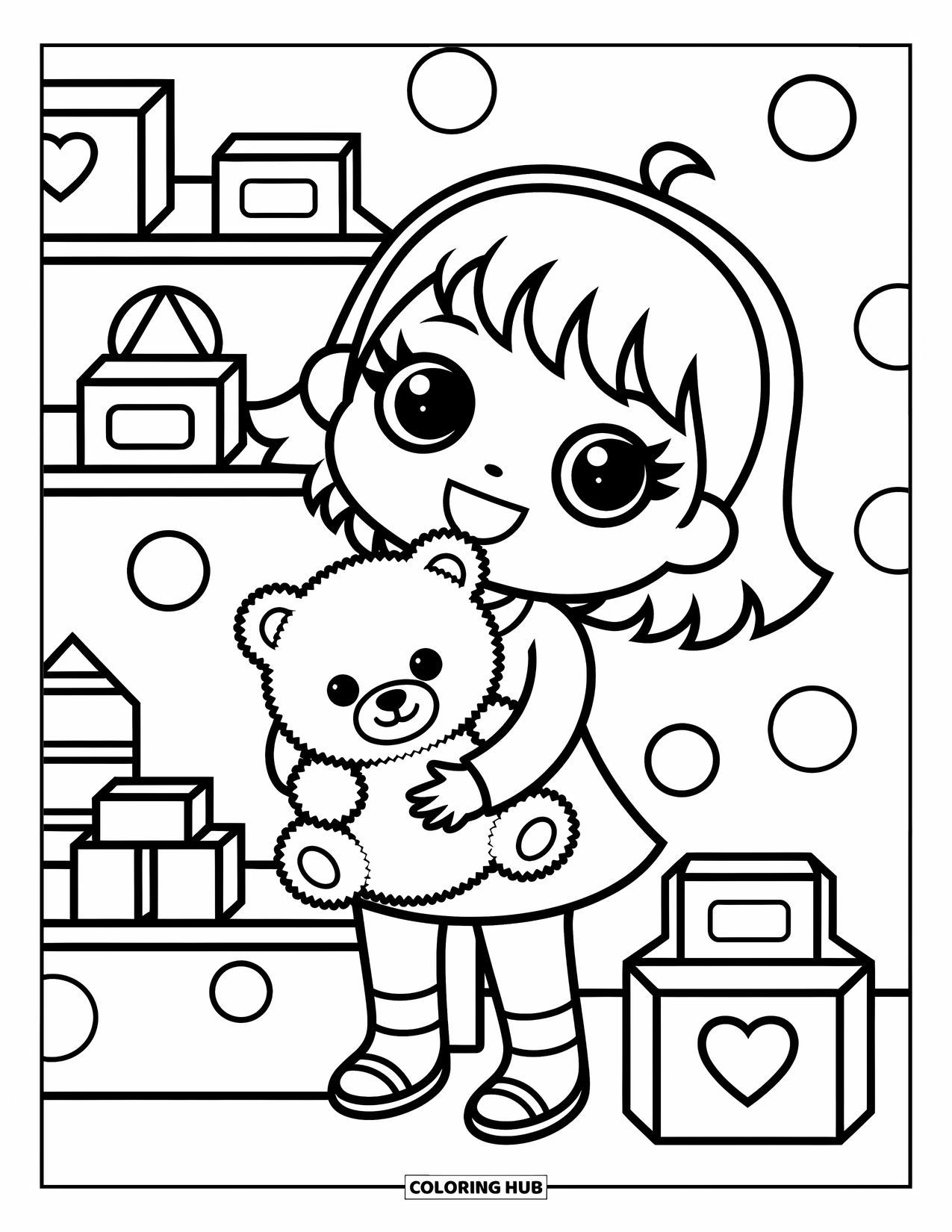 Chibi Coloring Page for Kids: A smiling girl hugs a teddy bear beside a shelf of toys