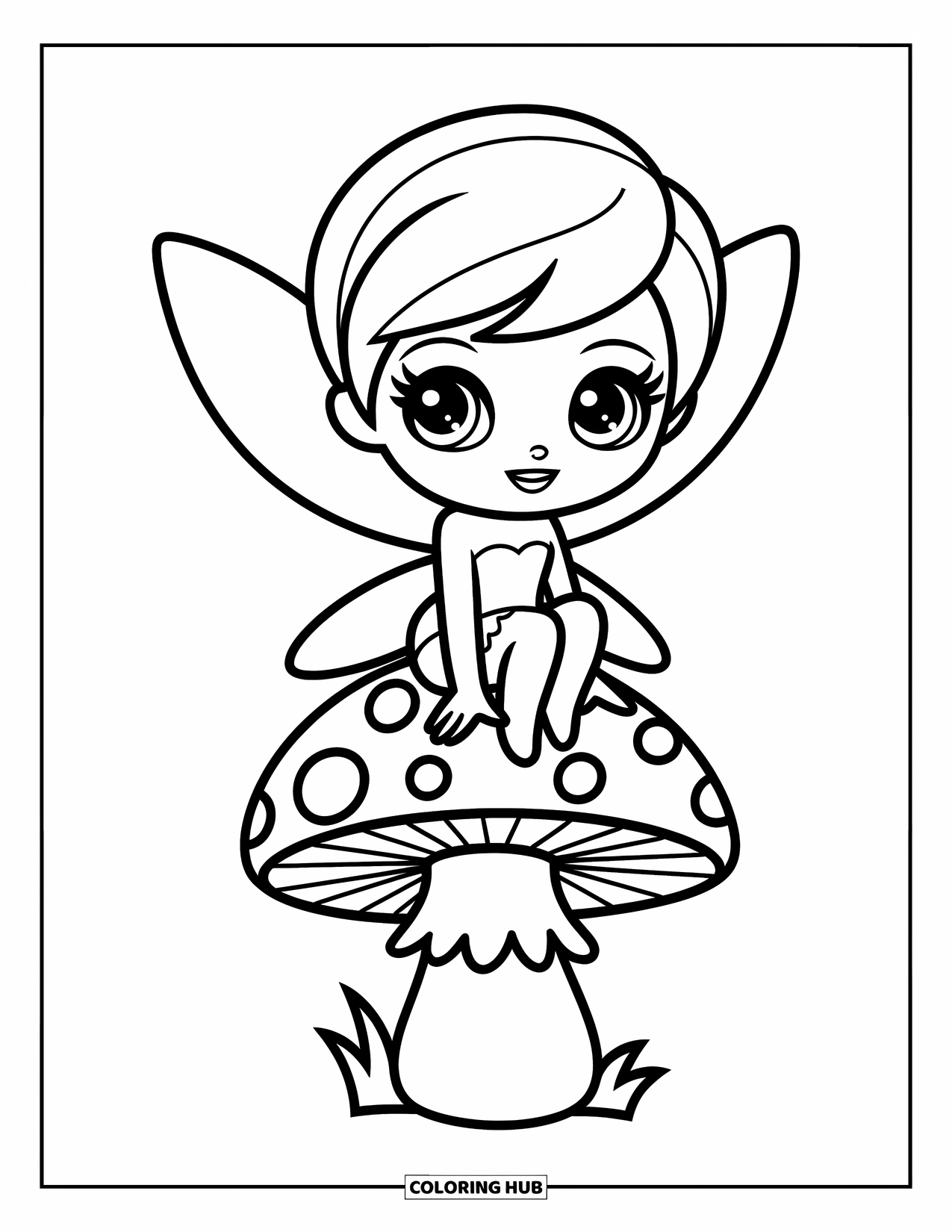 Chibi Coloring Page for Kids: A tiny fairy with wings sits on a big mushroom, smiling sweetly