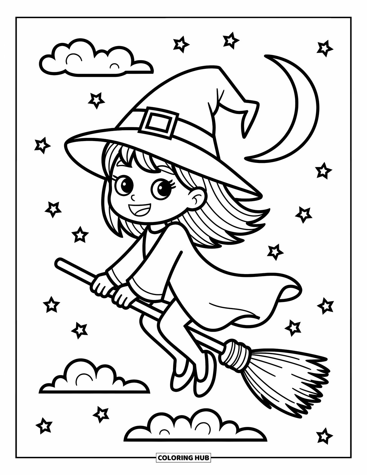 Chibi Coloring Page for Kids: A tiny witch flies on her broomstick past a glowing crescent moon