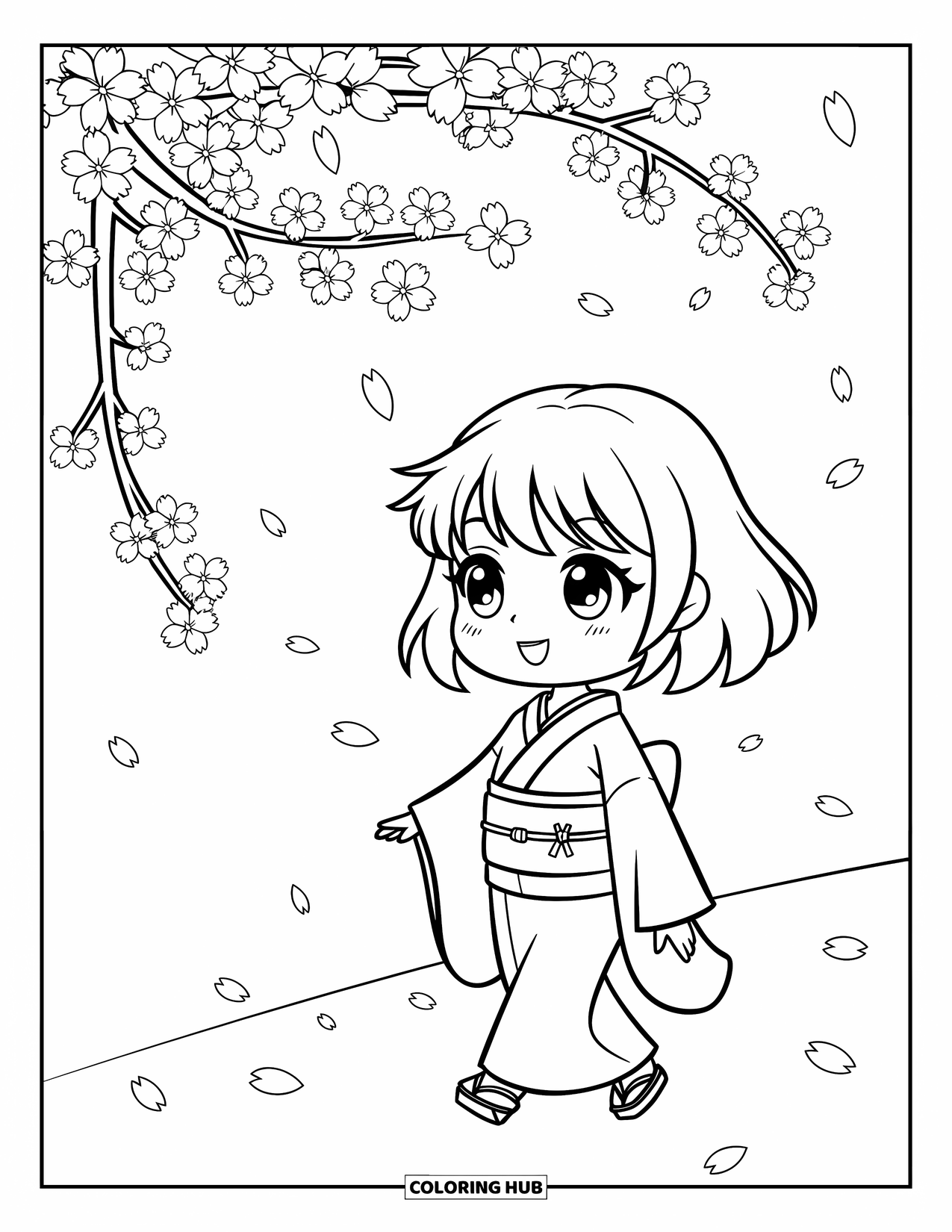 Chibi Coloring Page for Kids: A wide-eyed girl in a kimono walks under a sky of falling blossoms