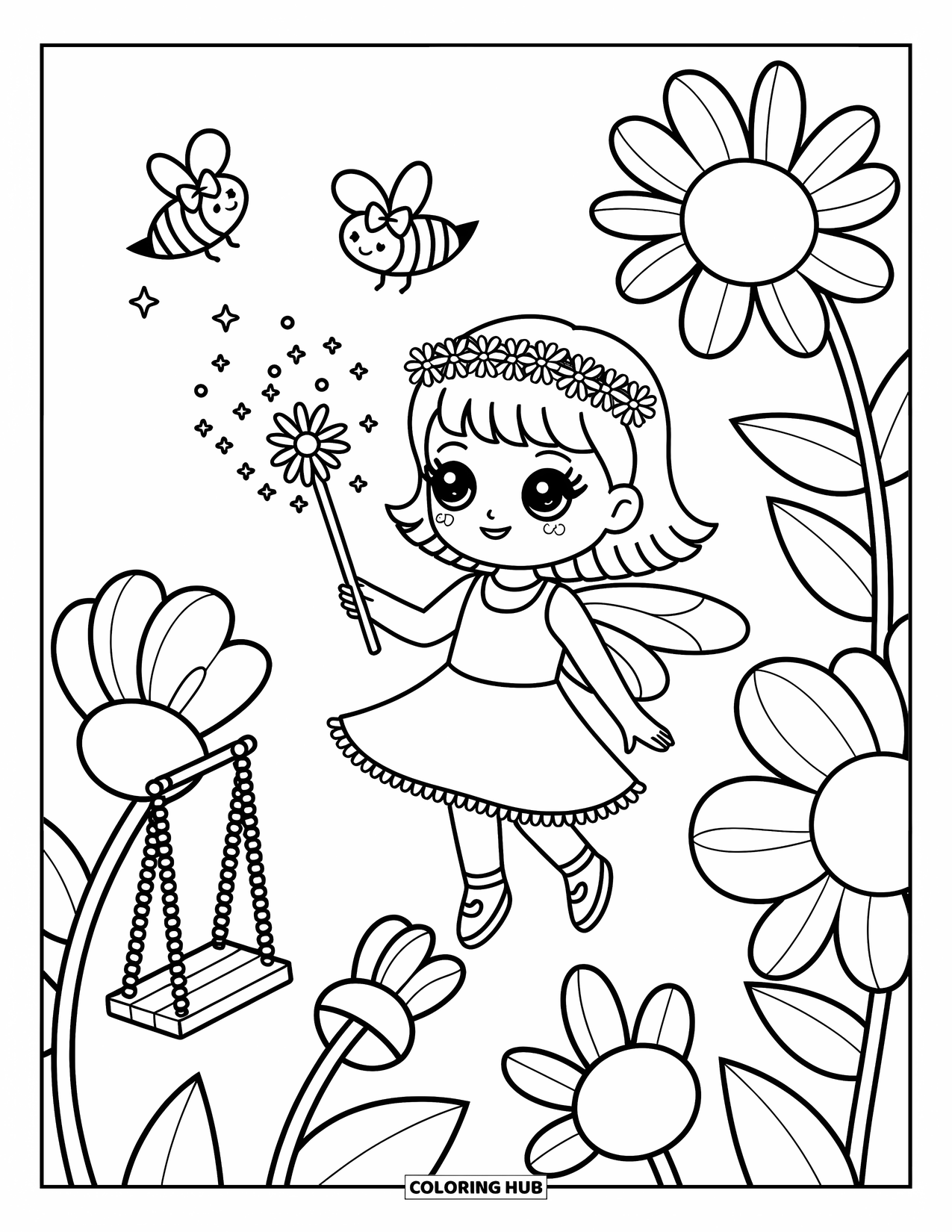 Chibi Girl Coloring Page for Adults: A chibi fairy girl hovers near flowers, sparkles flying as bees buzz around