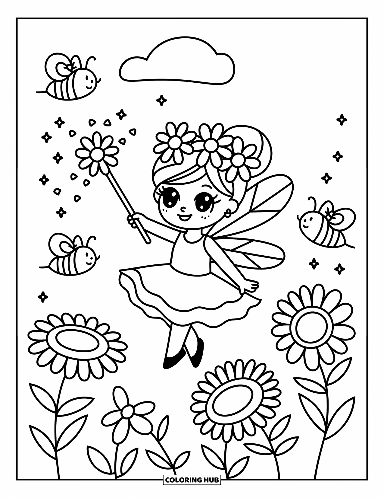 Chibi Girl Coloring Page for Adults: A chibi fairy with a daisy crown sprinkles sparkles near giant flowers and buzzing bees