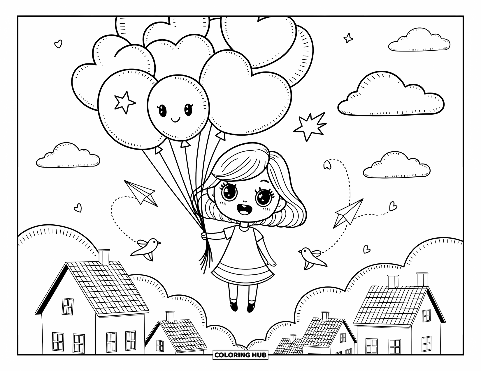 Chibi Girl Coloring Page for Adults: A chibi girl drifts gently with heart-shaped balloons above a cozy little town