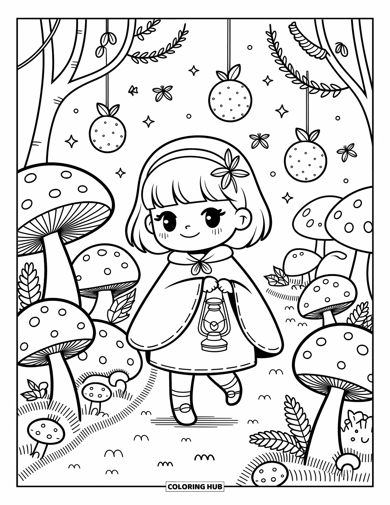 Chibi Girl Coloring Page for Adults: A chibi girl explores a magical forest filled with lanterns, mushrooms, and tiny critters
