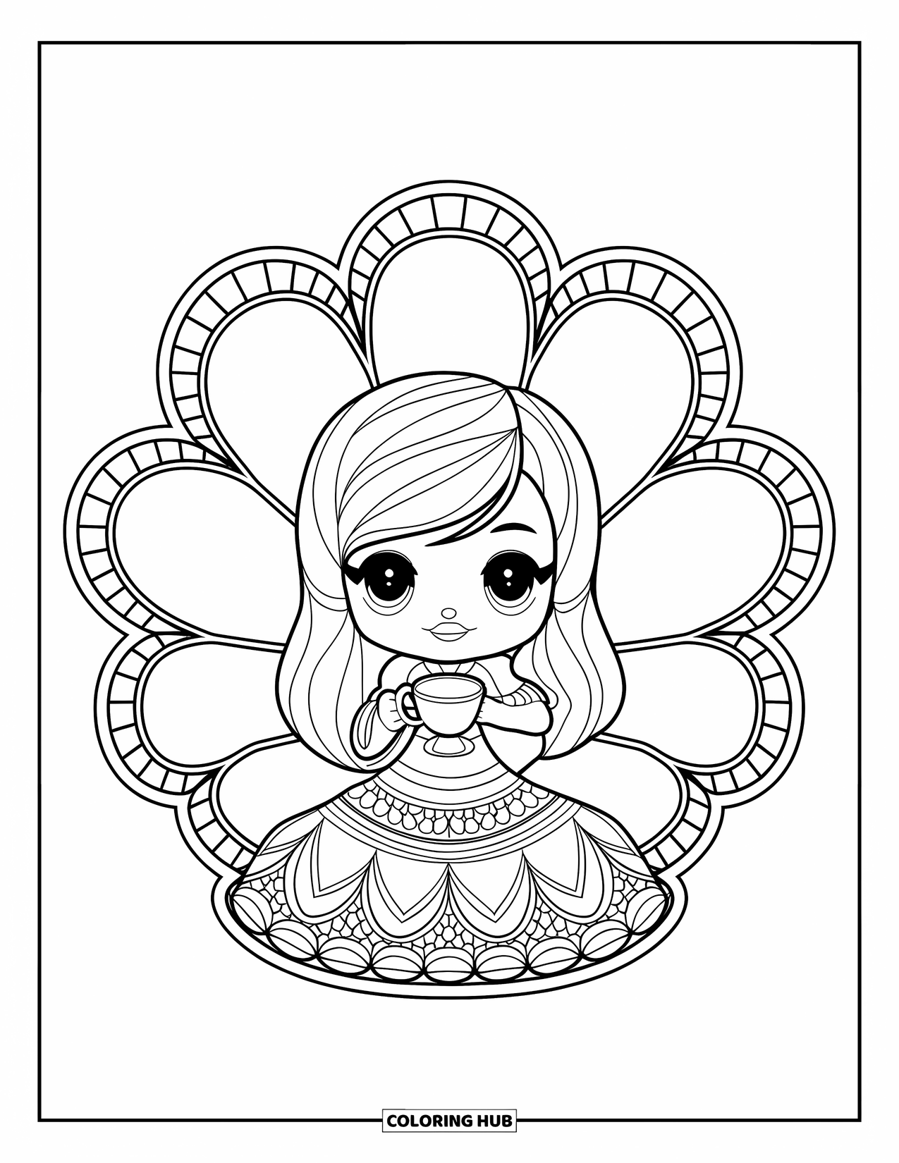 Chibi Girl Coloring Page for Adults: A chibi girl holding a teacup relaxes in a flower chair with ornate backgrounds