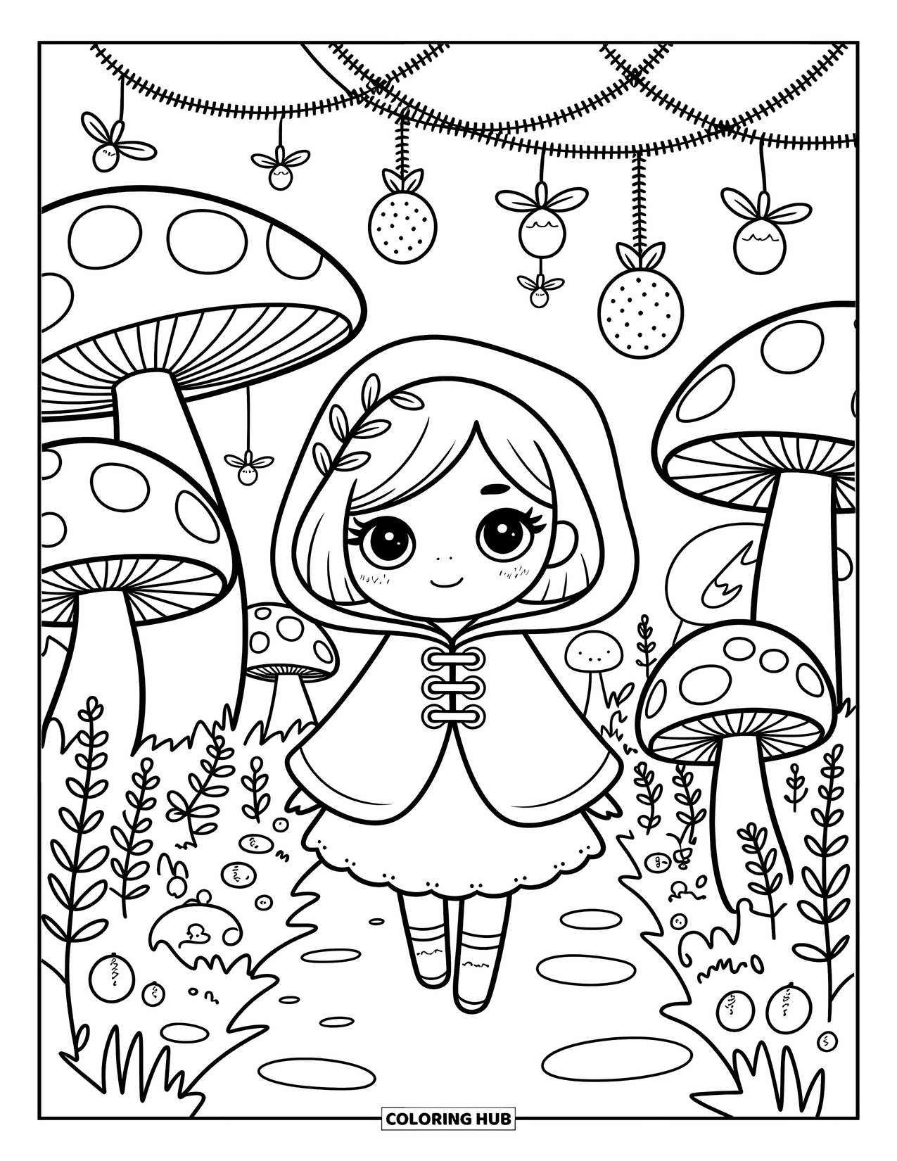 Chibi Girl Coloring Page for Adults: A chibi girl in a cloak walks a forest trail with glowing lanterns and mushrooms