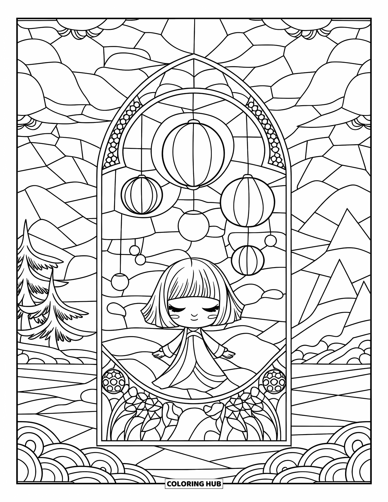 Chibi Girl Coloring Page for Adults: A chibi girl in a red dress stands among lanterns and nature-themed stained glass