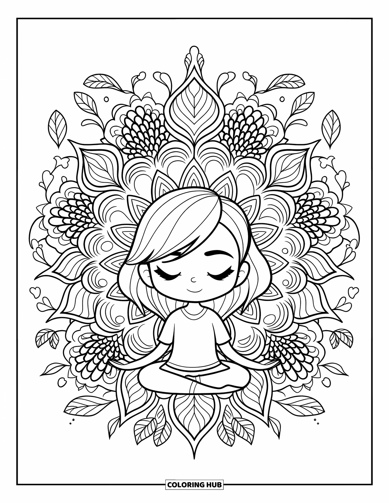 Chibi Girl Coloring Page for Adults: A chibi girl meditates peacefully within a mandala of flowers and vines