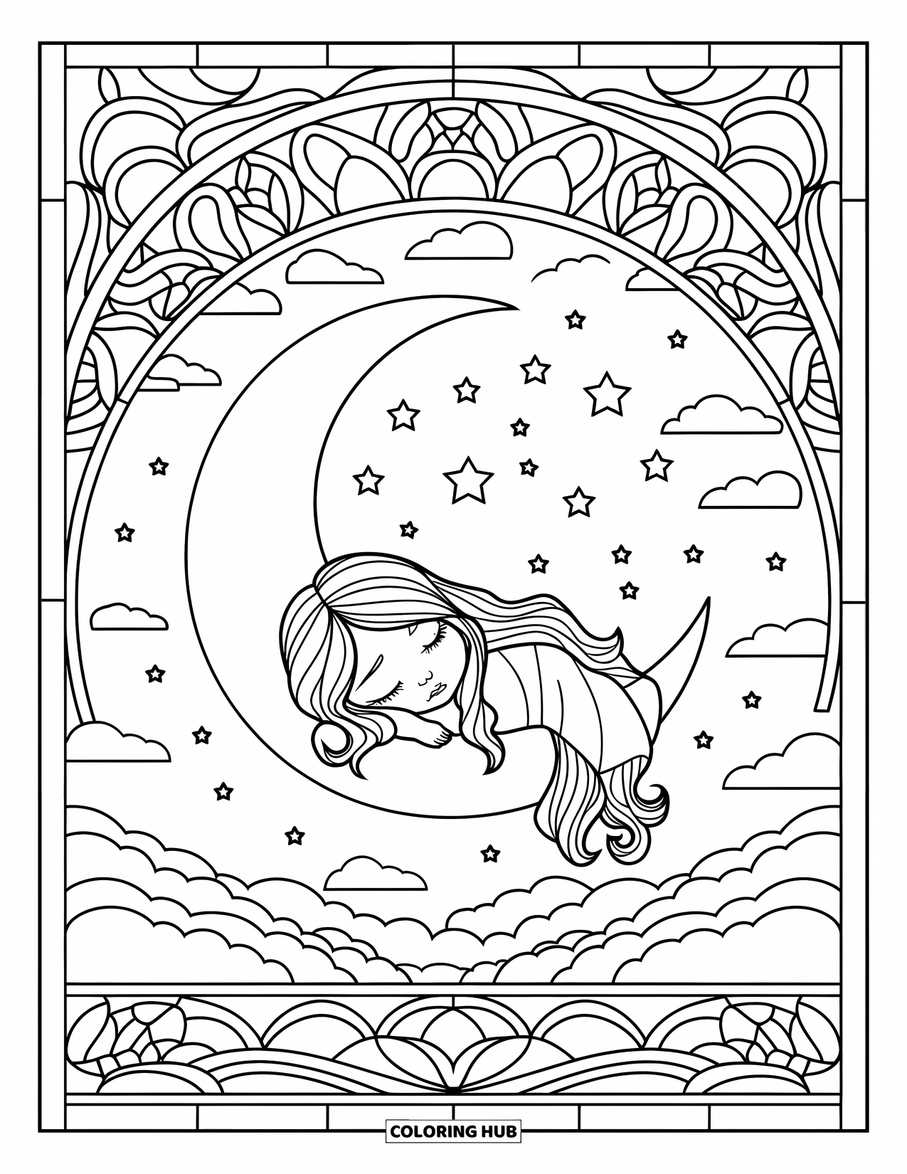 Chibi Girl Coloring Page for Adults: A chibi girl rests on a crescent moon with clouds and a stained glass border