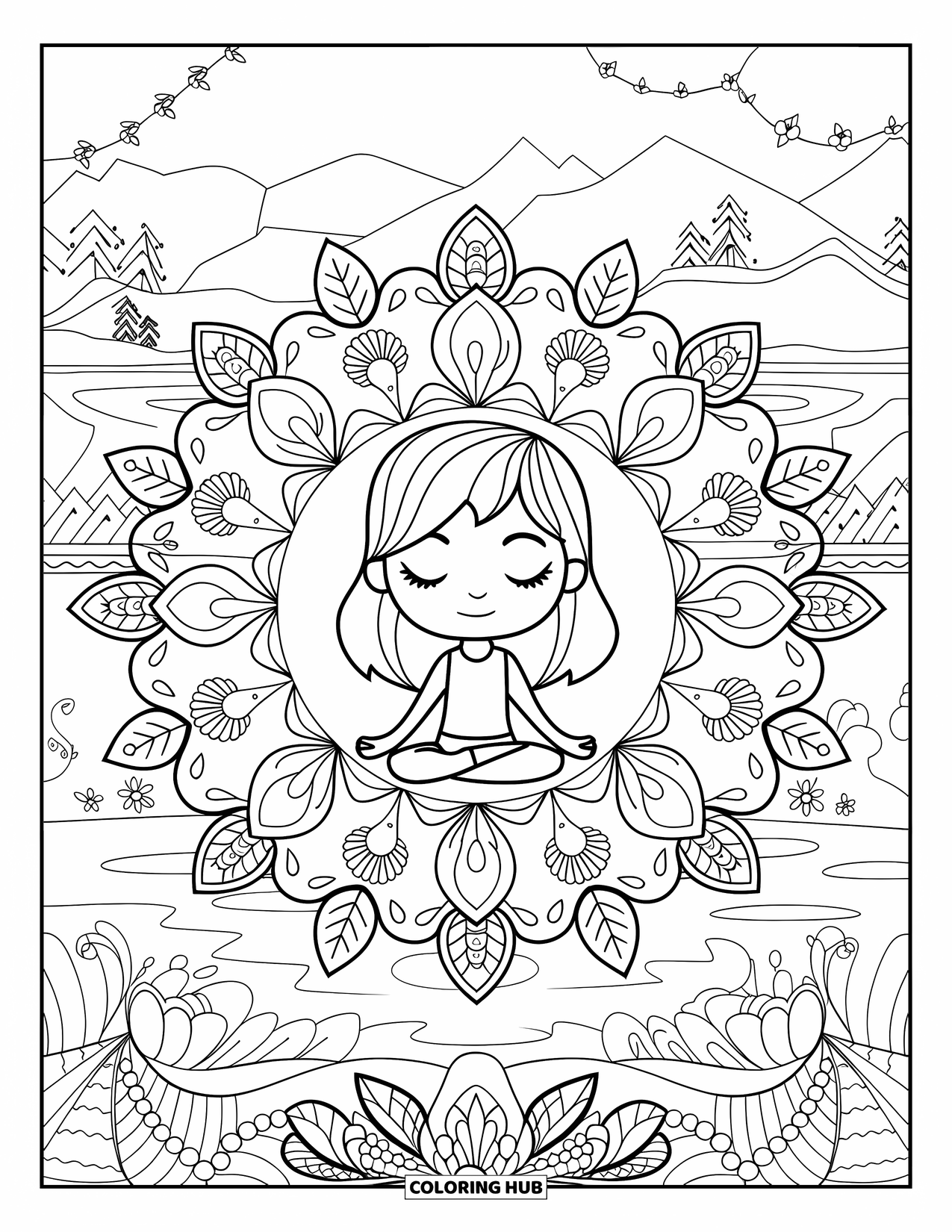 Chibi Girl Coloring Page for Adults: A chibi girl sits in lotus pose among botanical mandalas and peaceful nature