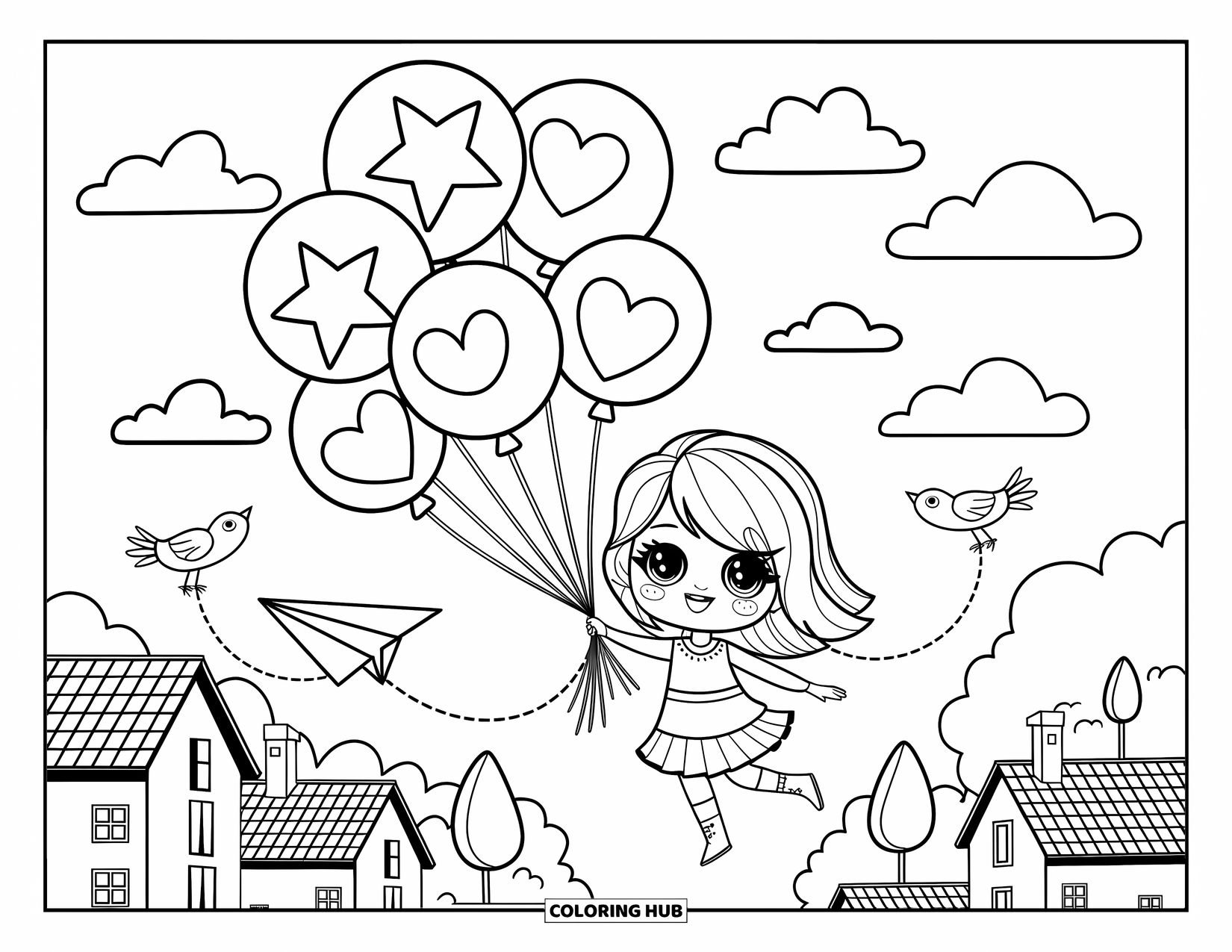 Chibi Girl Coloring Page for Adults: A chibi girl soars with cute balloons over rooftops, birds, and a paper airplane