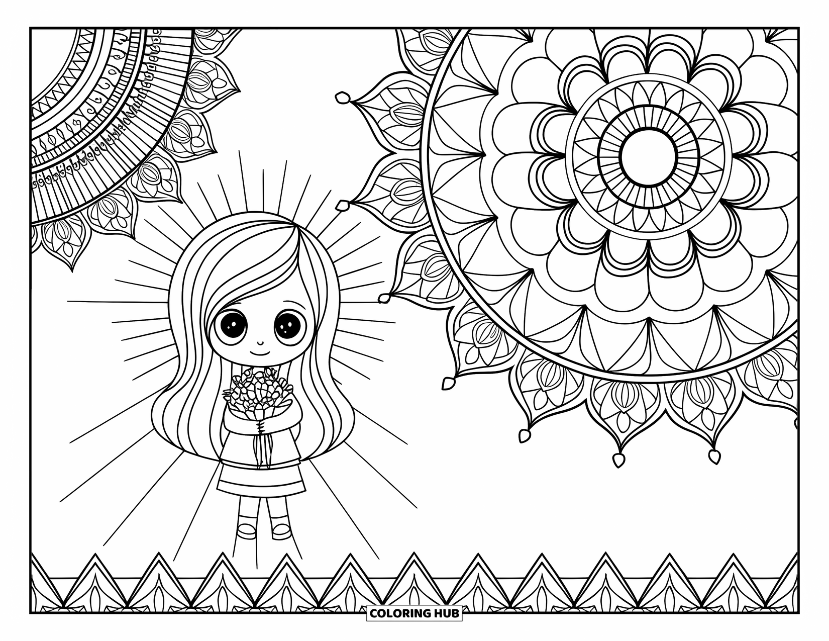 Chibi Girl Coloring Page for Adults: A chibi girl stands in a sunbeam holding a bouquet surrounded by mandalas