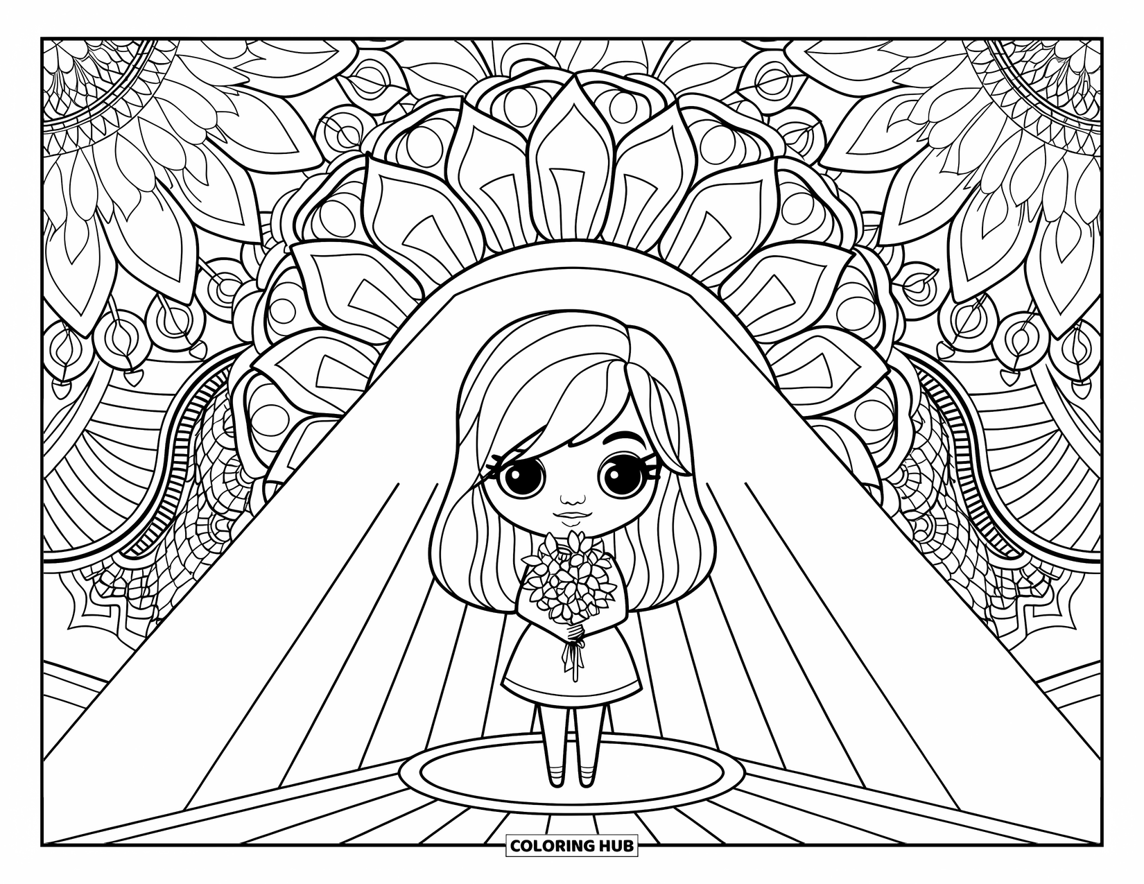 Chibi Girl Coloring Page for Adults: A chibi girl stands in sunlight holding flowers, framed by mandalas and patterns
