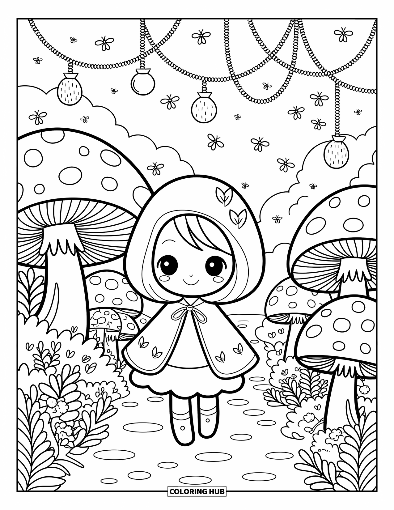 Chibi Girl Coloring Page for Adults: A chibi girl walks a dreamy trail among ferns, glowing lanterns, and peeking critters