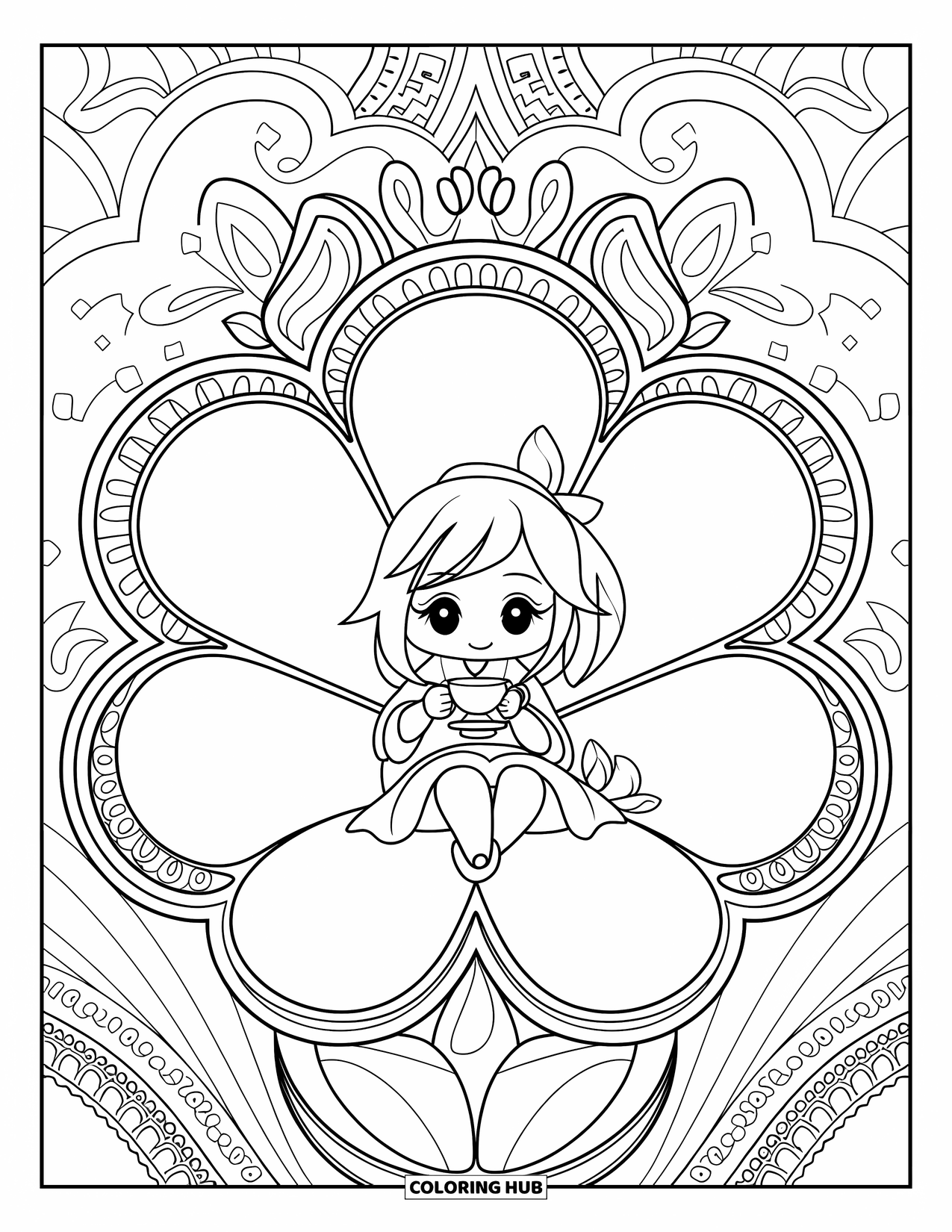 Chibi Girl Coloring Page for Adults: A chibi girl with a teacup sits in a floral chair surrounded by intricate patterns