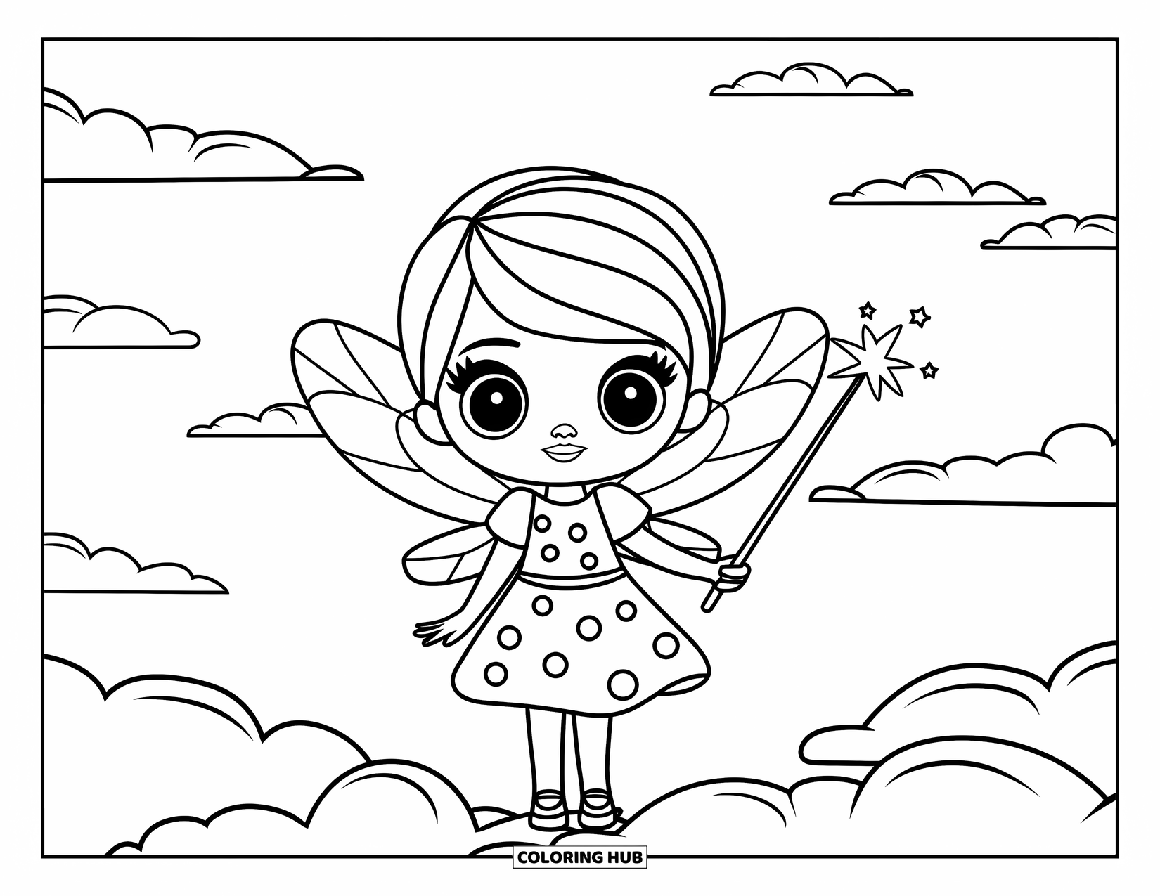Chibi Girl Coloring Page for Kids: A chibi fairy girl stands on a cloud with a wand and dotted dress