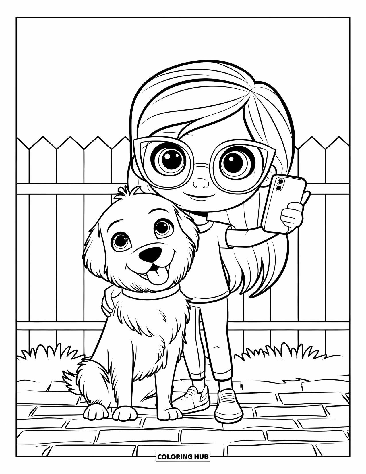 Chibi Girl Coloring Page for Kids: A chibi girl and her golden retriever pose for a selfie on a brick path