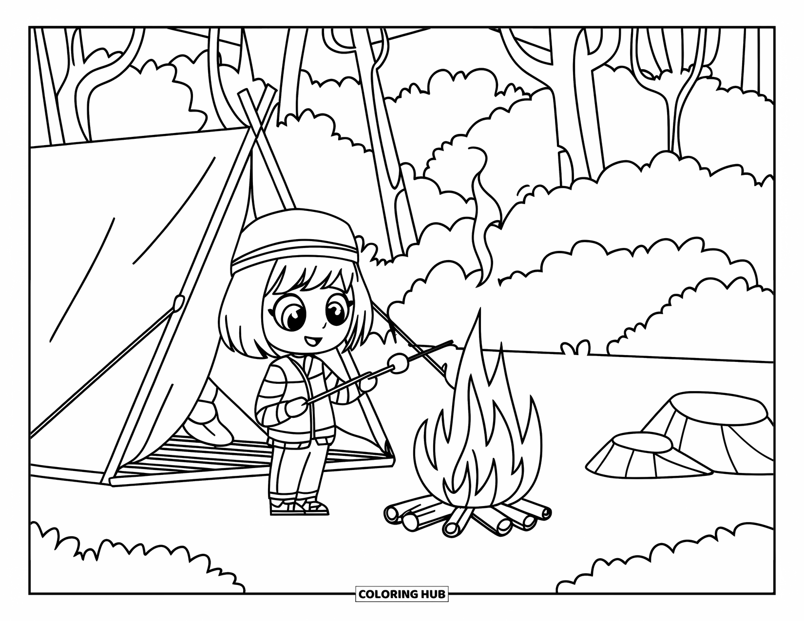 Chibi Girl Coloring Page for Kids: A chibi girl camps in a forest, roasting marshmallows by a hanging pot
