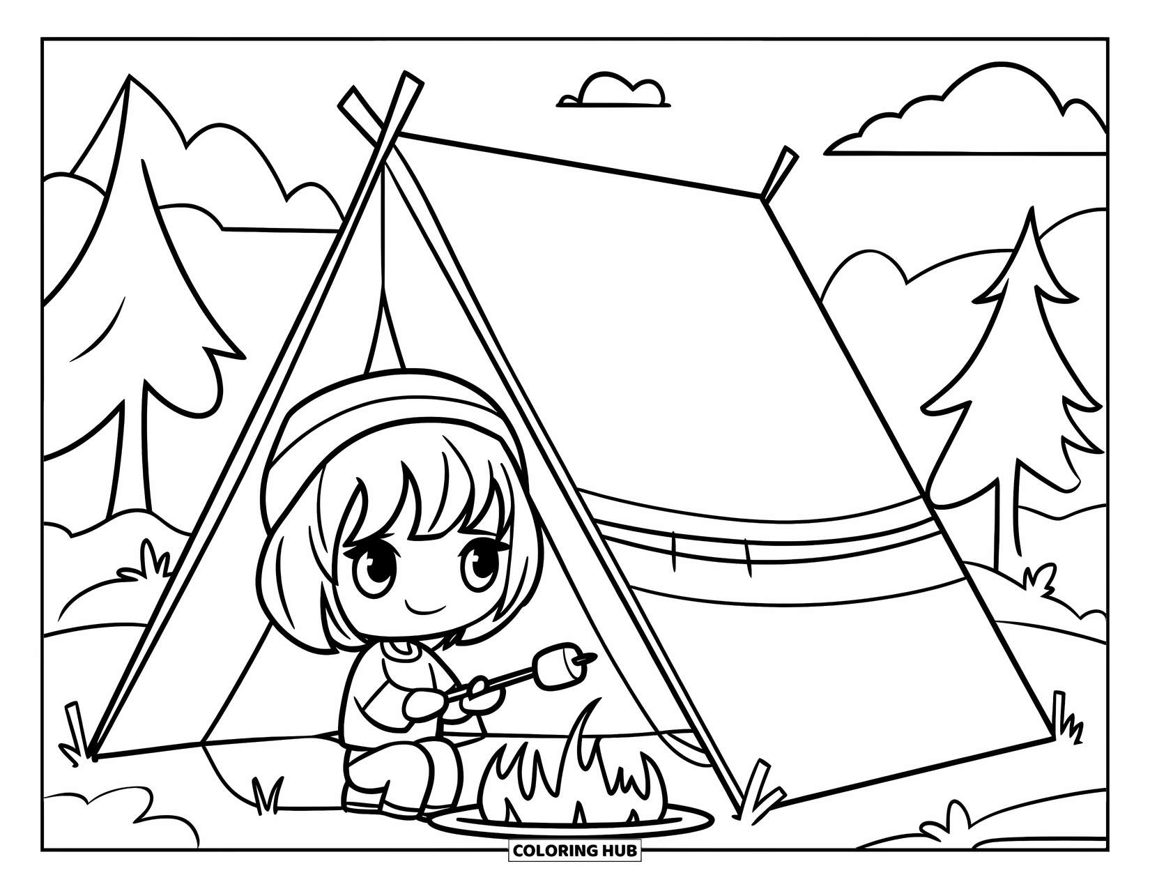 Chibi Girl Coloring Page for Kids: A chibi girl camps under the trees, roasting a marshmallow by the fire