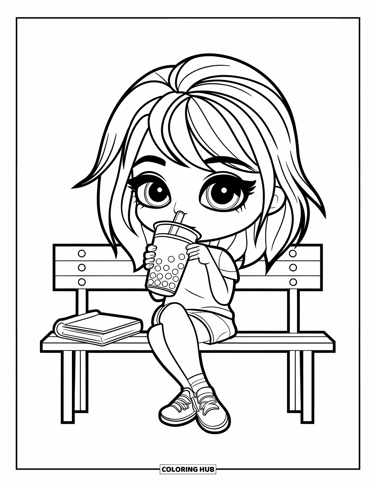 Chibi Girl Coloring Page for Kids: A chibi girl enjoys bubble tea on a bench with her book nearby