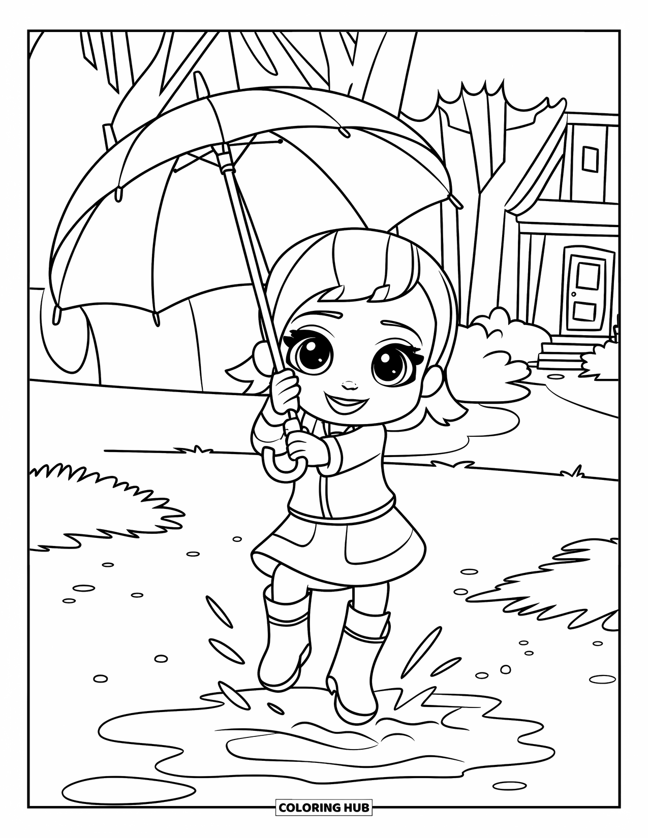 Chibi Girl Coloring Page for Kids: A chibi girl happily jumps in a puddle near trees and a house