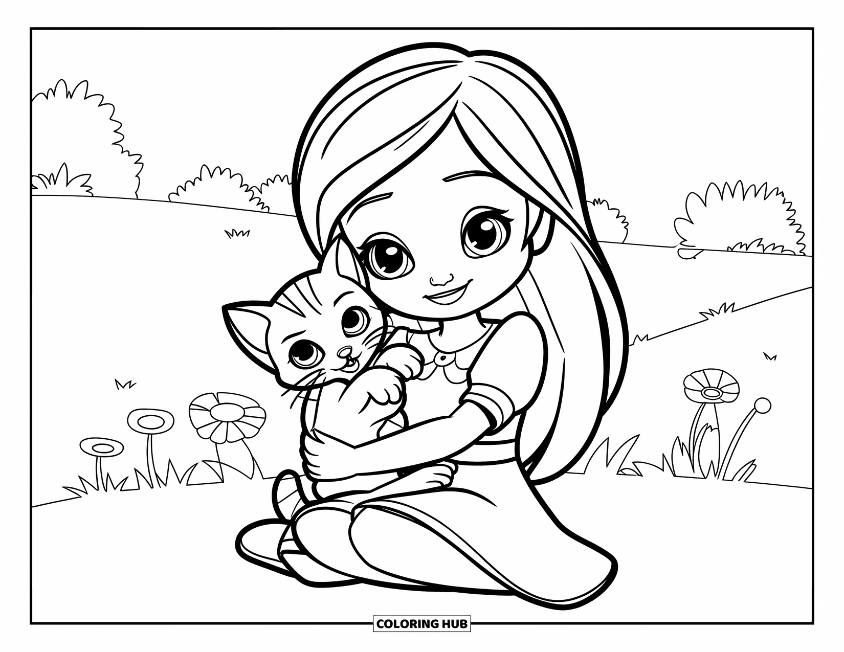 Chibi Girl Coloring Page for Kids: A chibi girl hugs a kitten while sitting cross-legged in a flower field