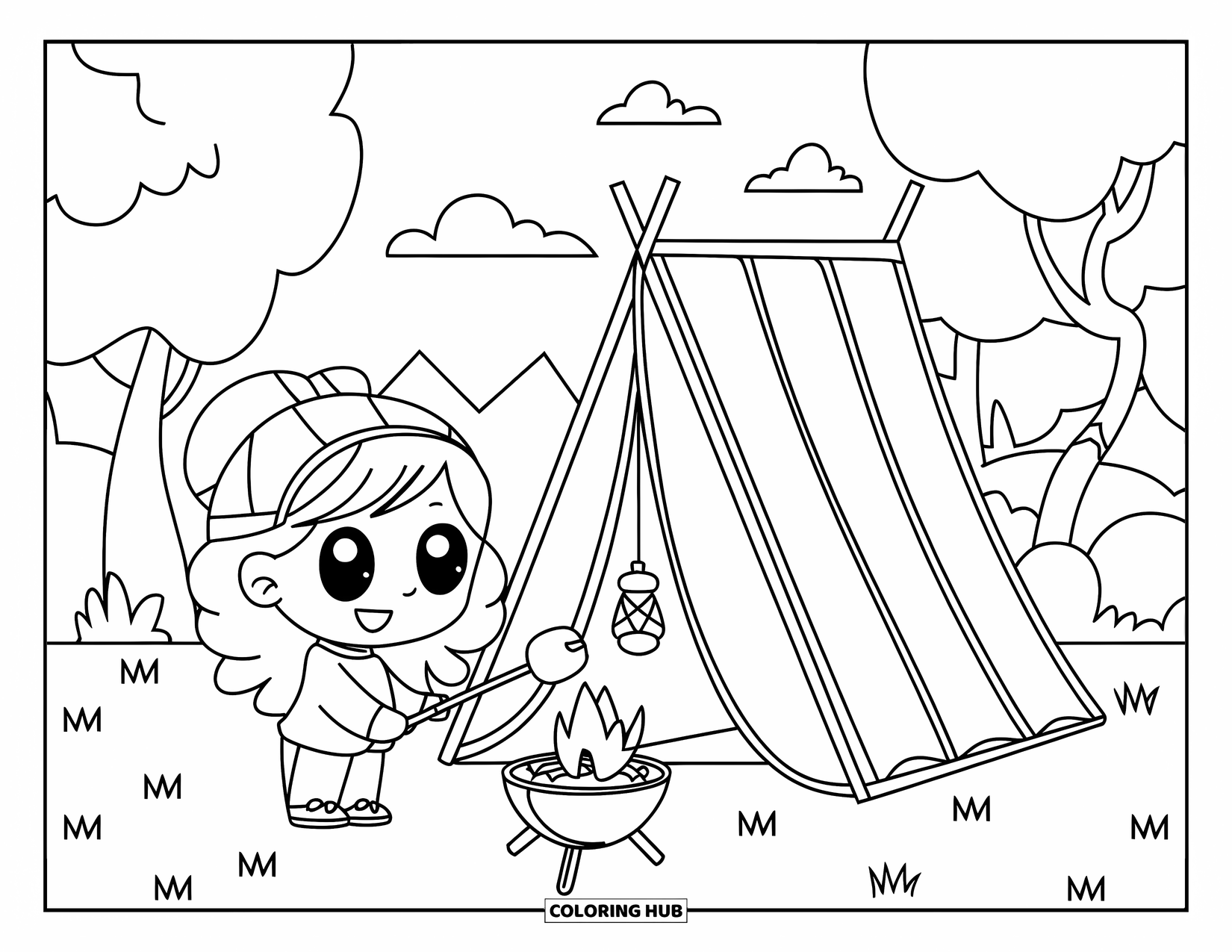 Chibi Girl Coloring Page for Kids: A chibi girl in a tent roasts marshmallows under a blue sky